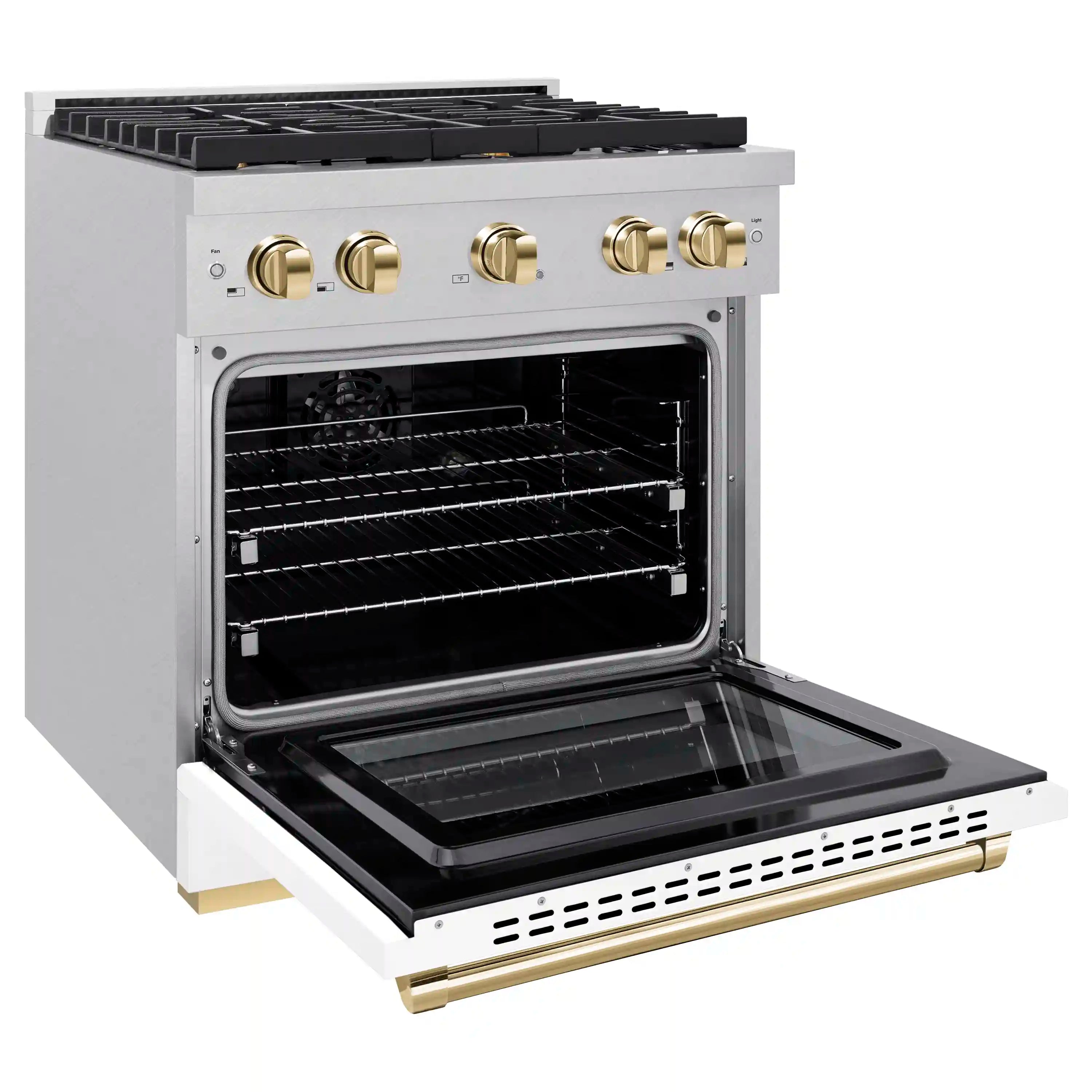 Satin stainless steel dual fuel range with open electric convection oven and gold knobs