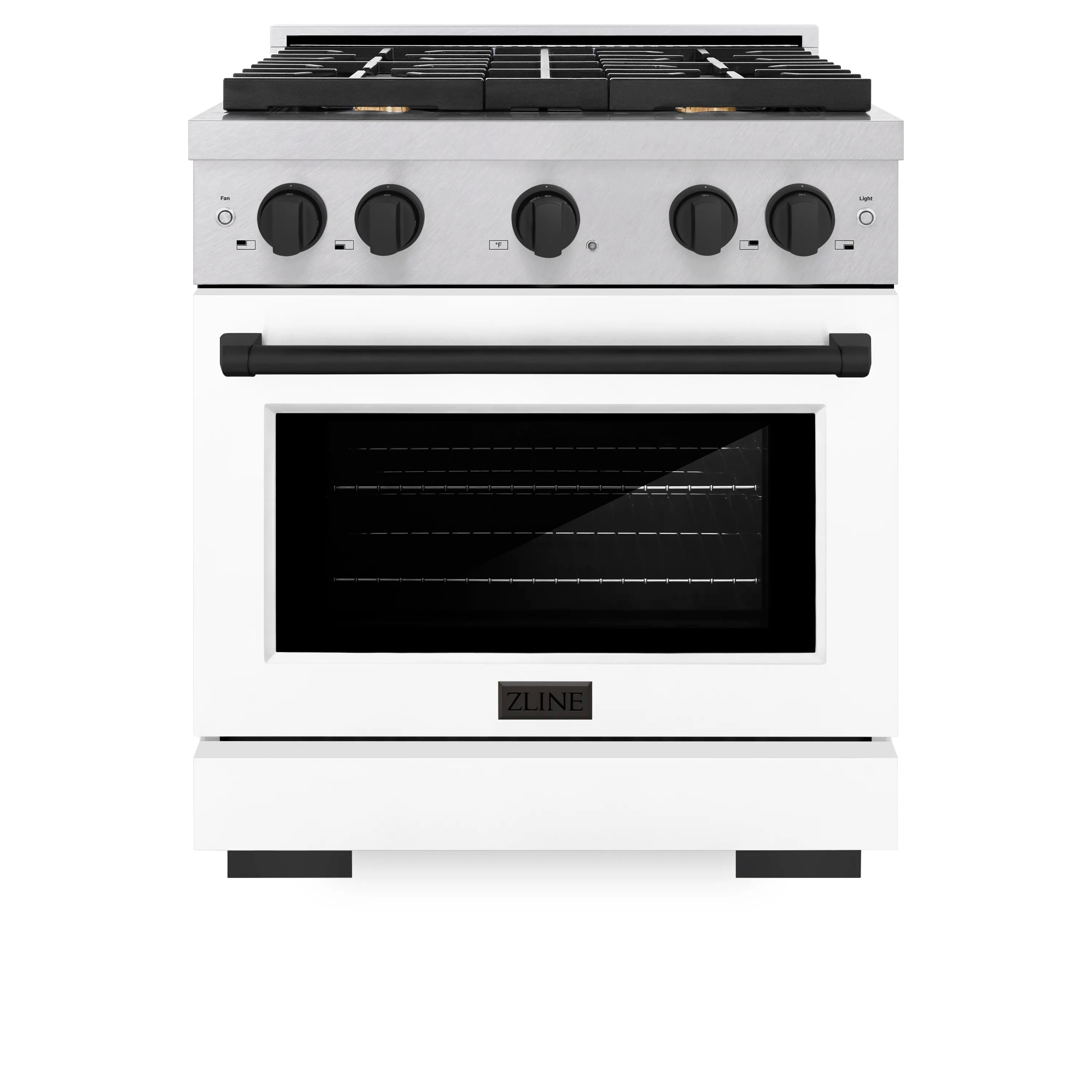 30-inch dual fuel range with satin stainless body, white door, and black control knobs