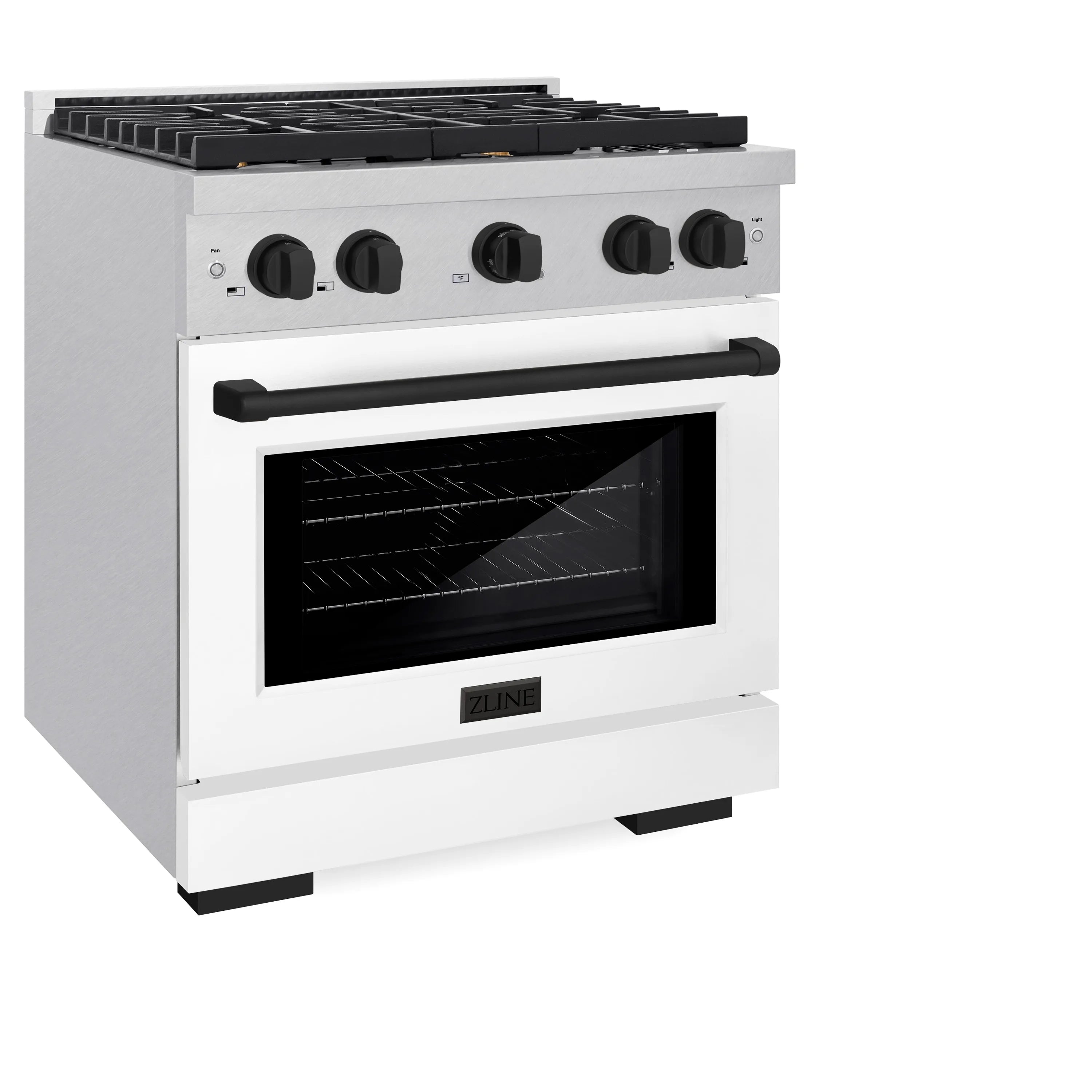 30-inch dual fuel range with matte white oven door window and black control knobs