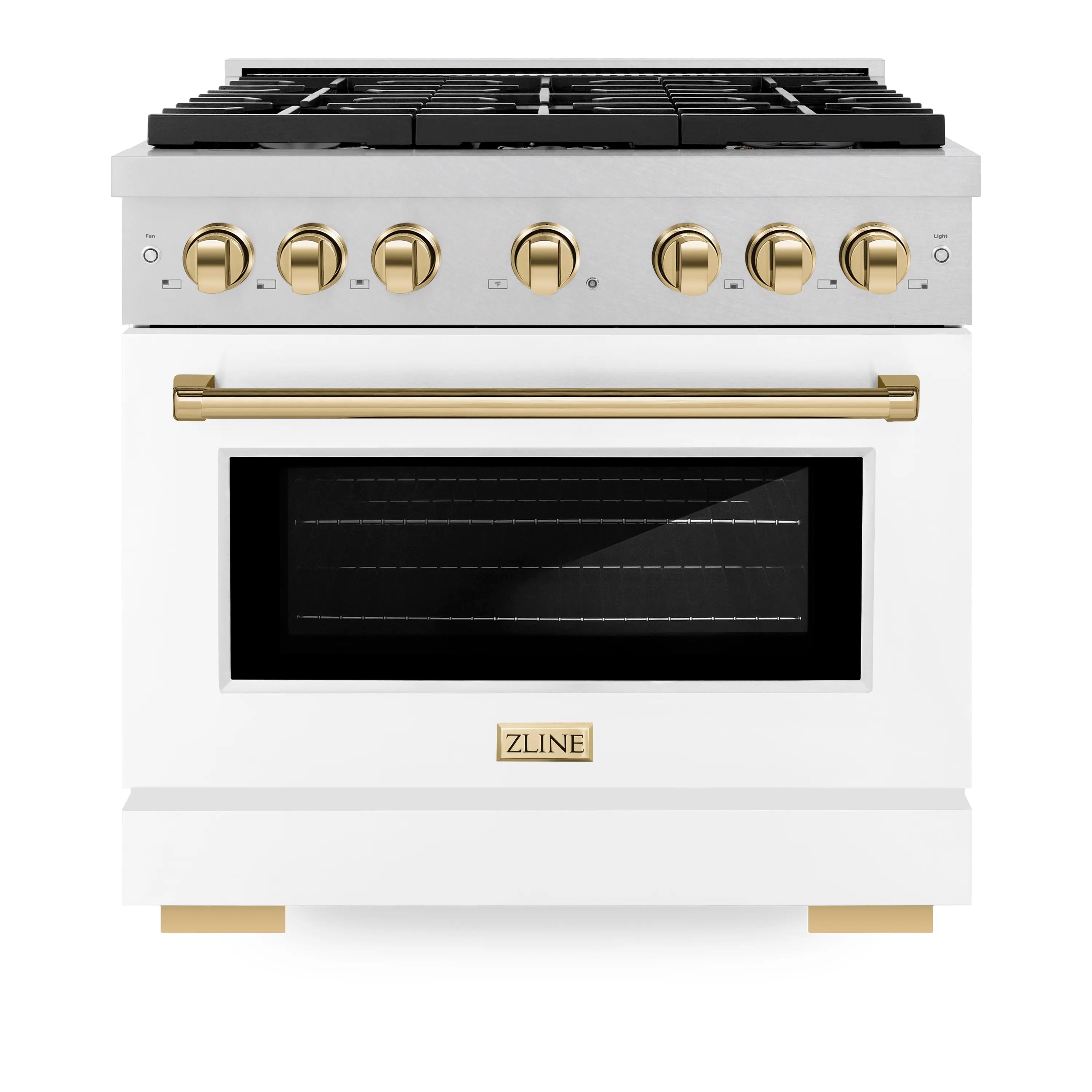 Dual fuel range control panel with brass/gold knobs and glass oven door, satin stainless