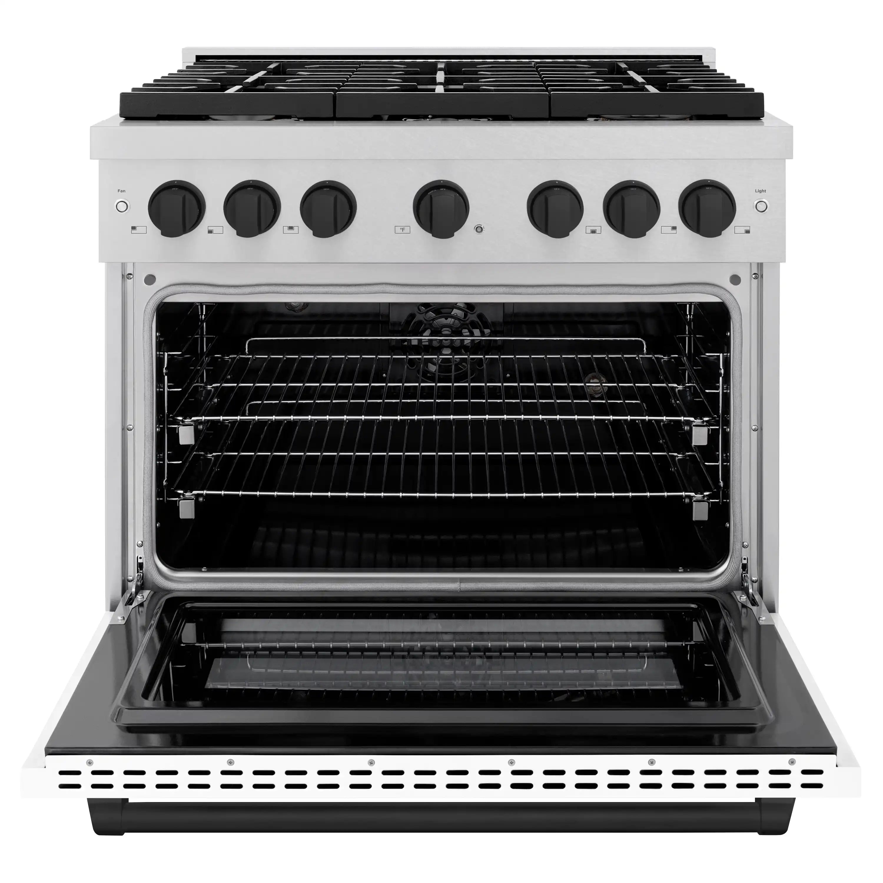 Open oven cavity of stainless steel range with wire racks and bake chamber