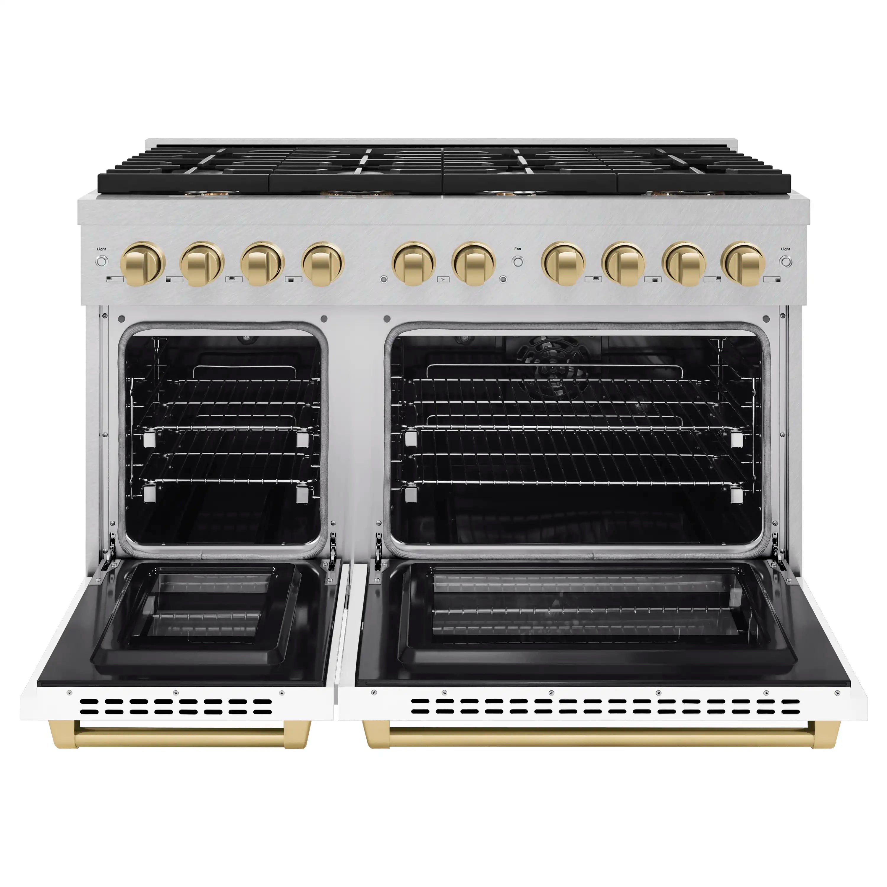 Dual oven range with both oven doors open, stainless frame, bronze handle accents