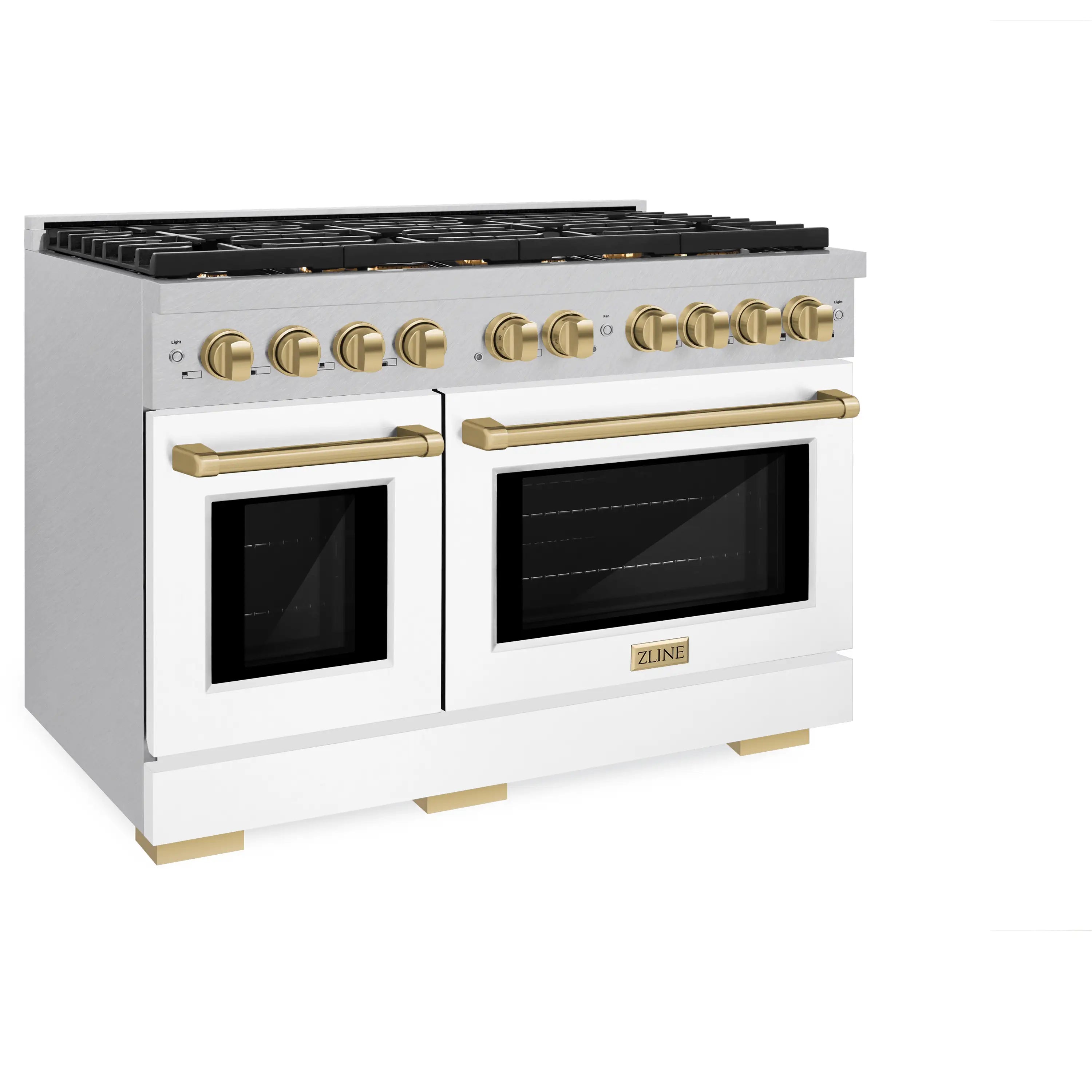 Two-oven gas range in satin stainless with matte white doors and bronze handles
