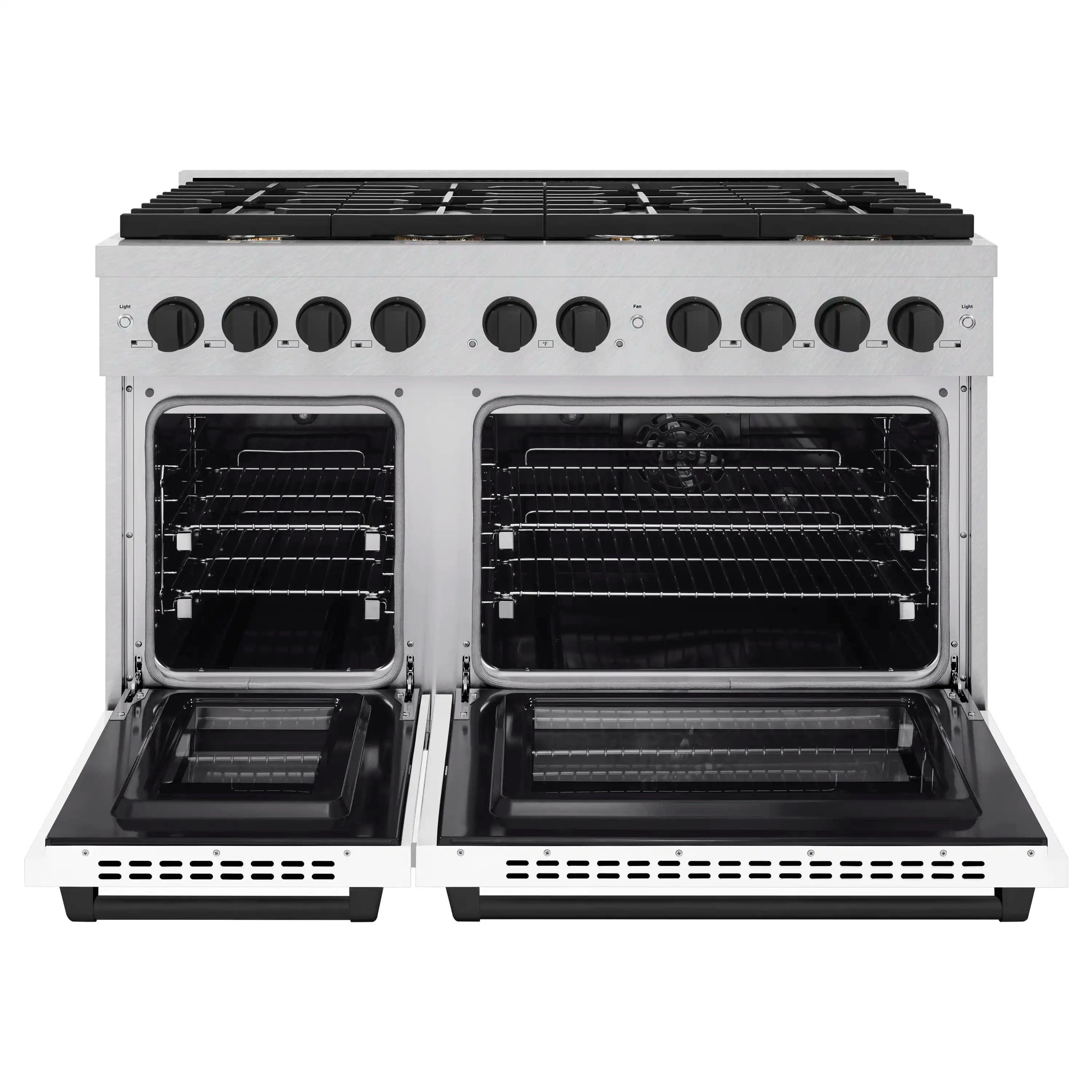 Dual-fuel range with both oven doors open, showing two black cooking cavities and racks