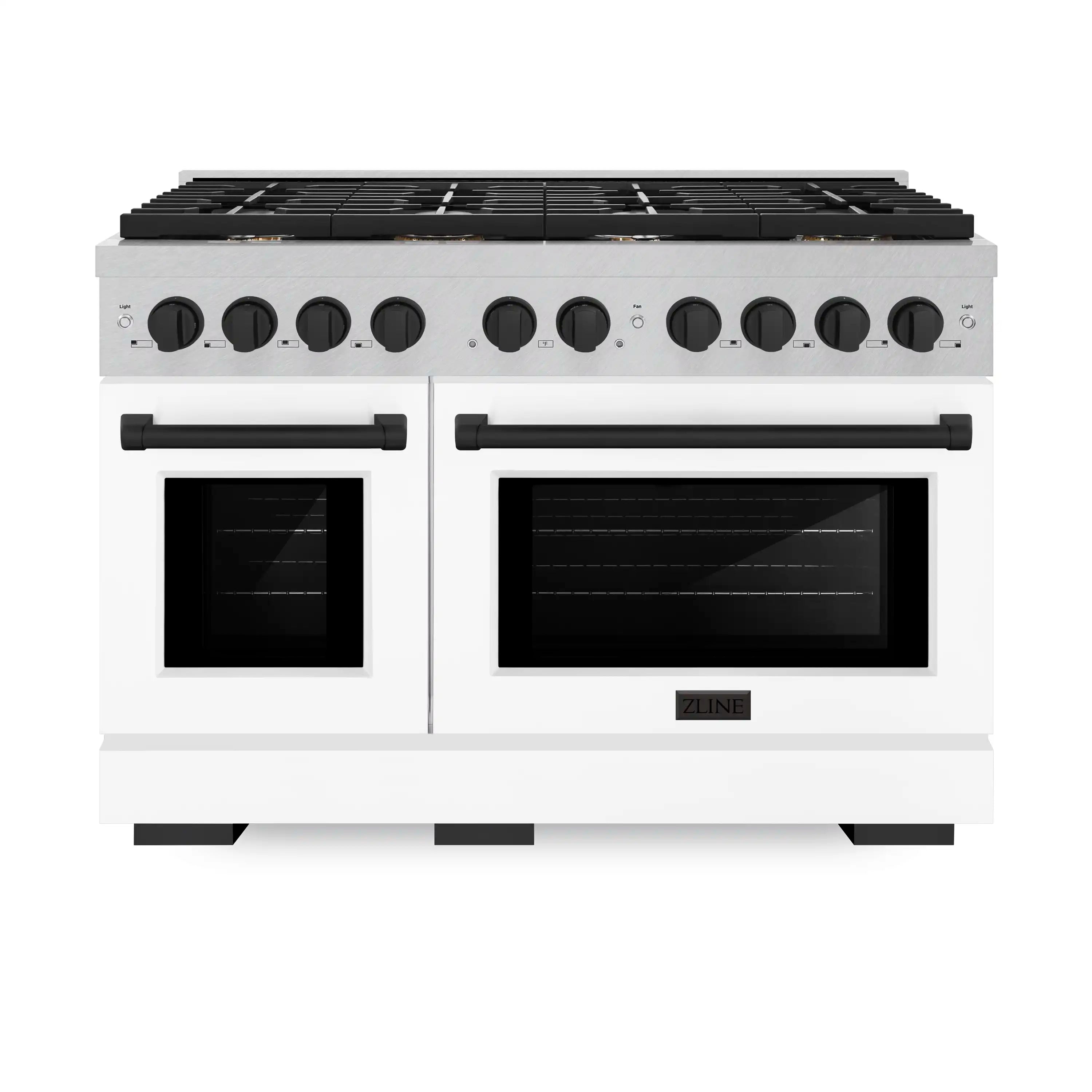 Satin stainless steel dual-fuel range with matte black burner knobs and two glass oven doors