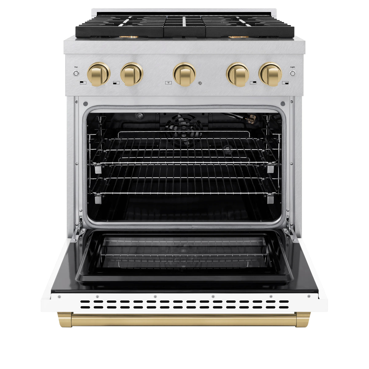 Open convection oven door showing dark interior racks and window, with white frame and bronze trim