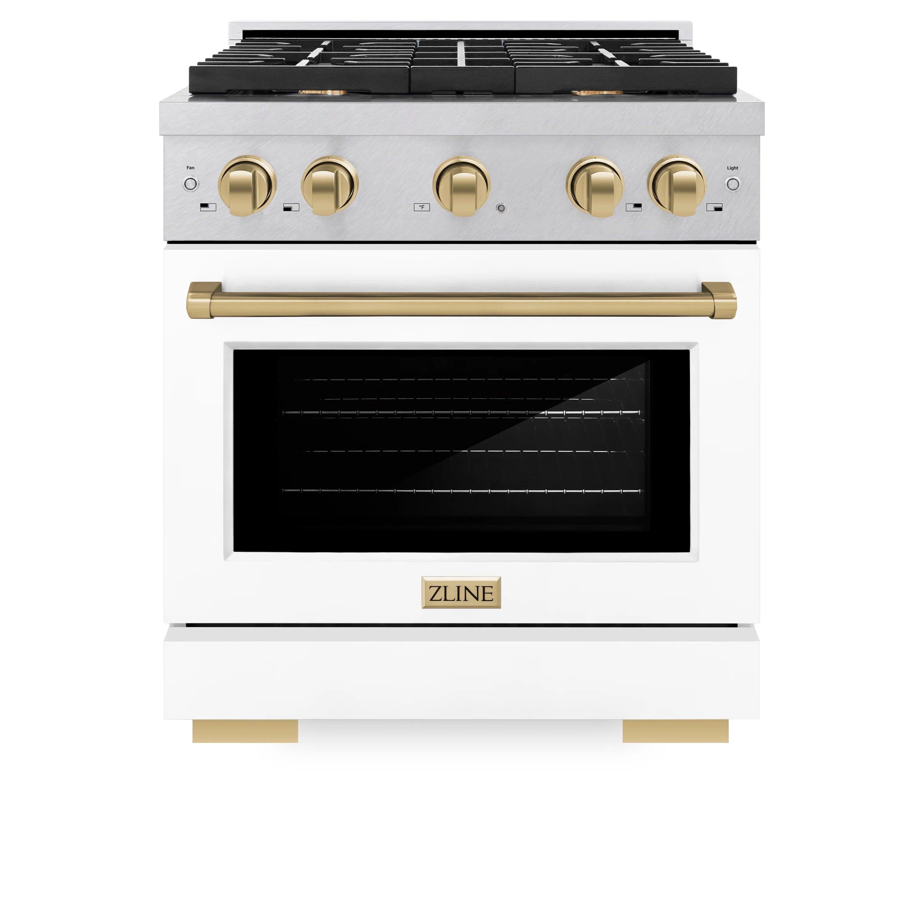 Gas range with convection oven, white front panel, champagne bronze burner knobs and long handle