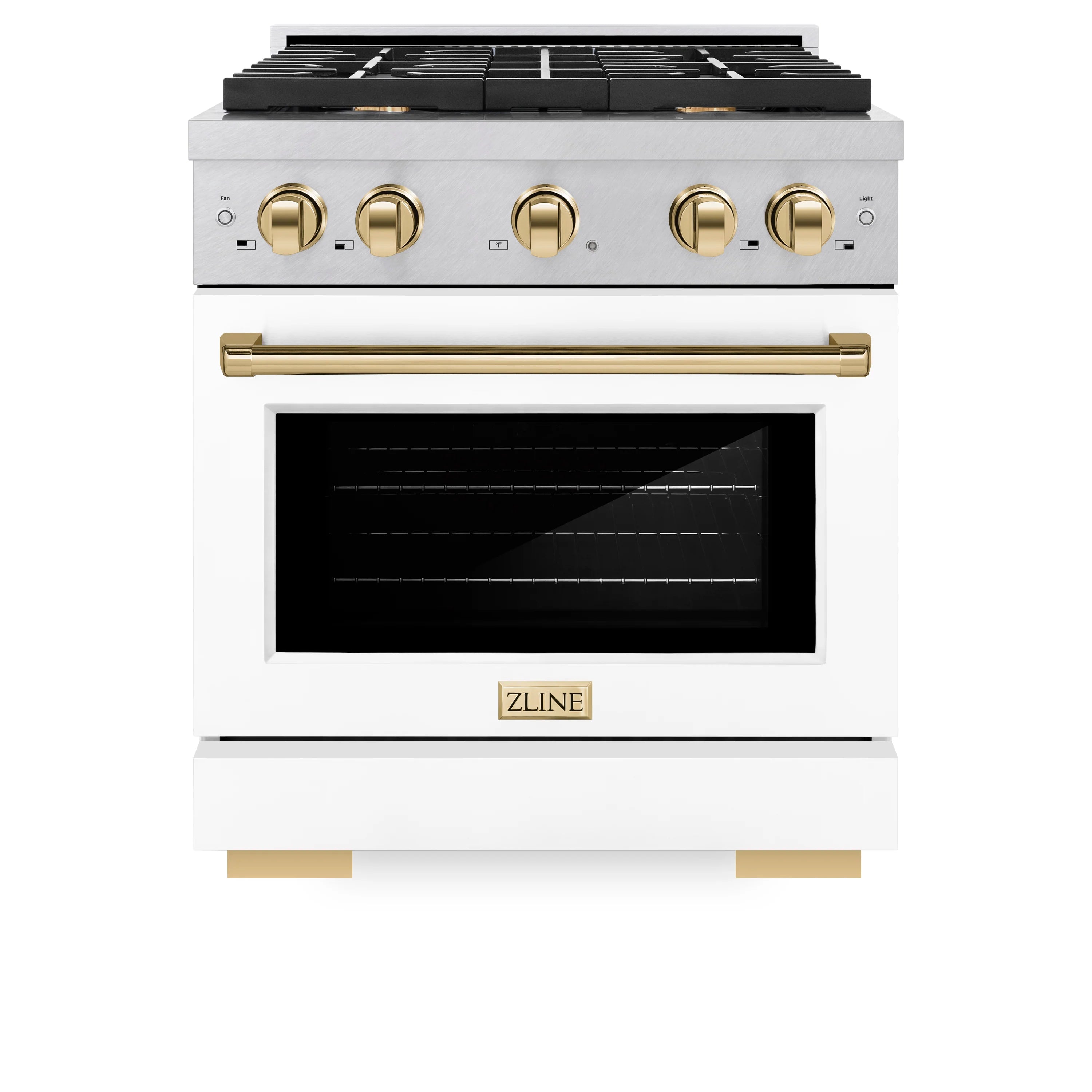 White gas range front view with gold knobs, long handle, and black oven window