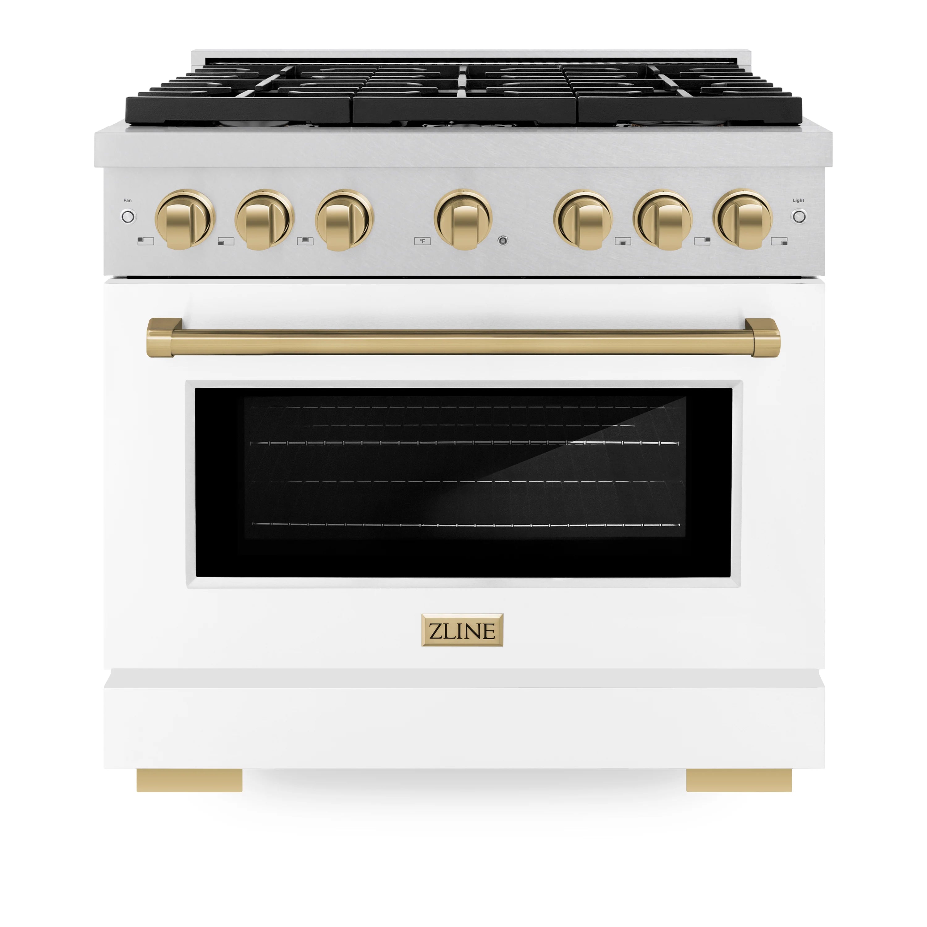 White gas range with black burners, champagne bronze knobs, and dark oven window