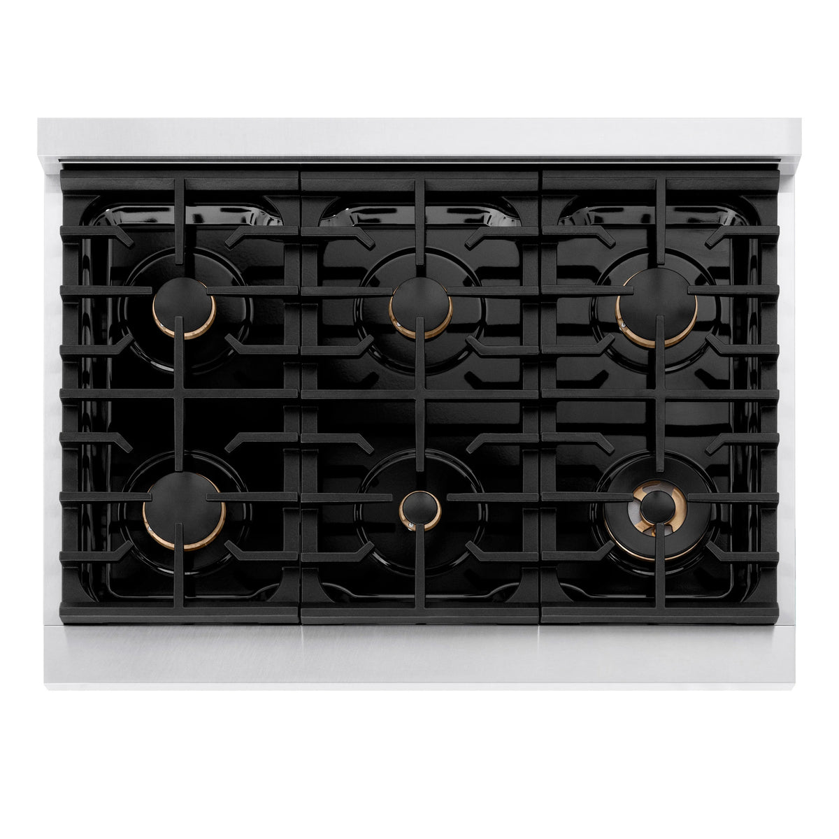 Front view of black gas cooktop grates with champagne bronze burner heads