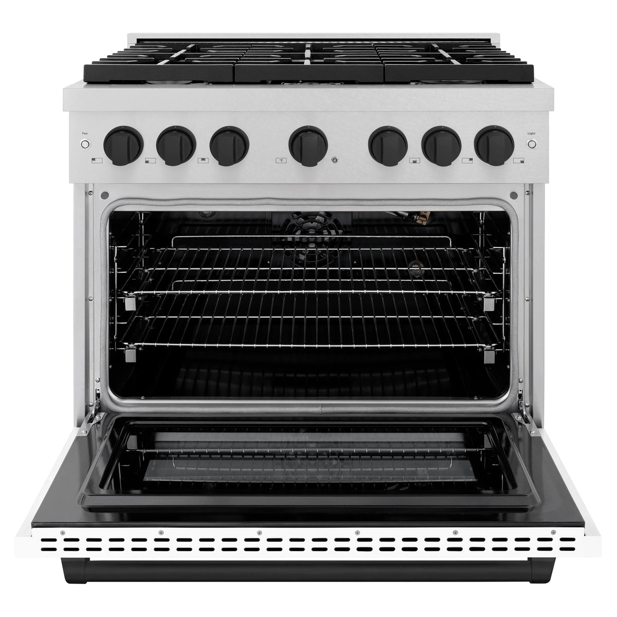 White gas range with open convection oven and wire racks, black interior