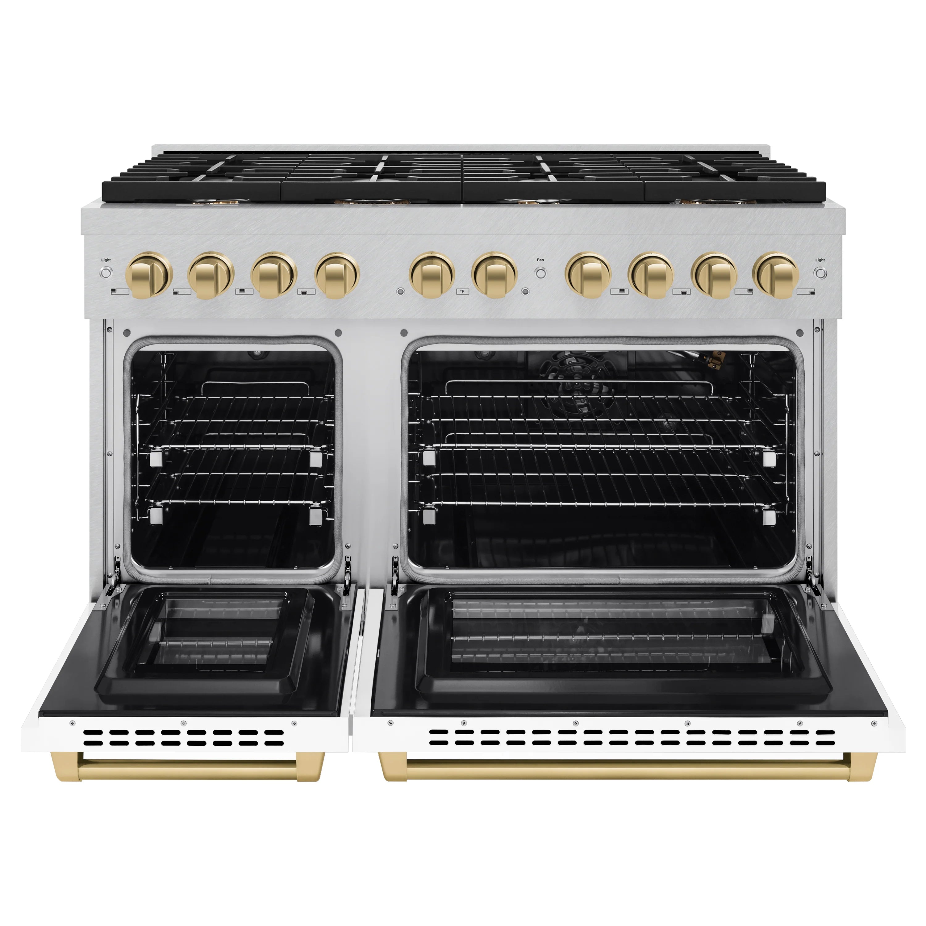 White gas range with two open oven doors and black interior racks