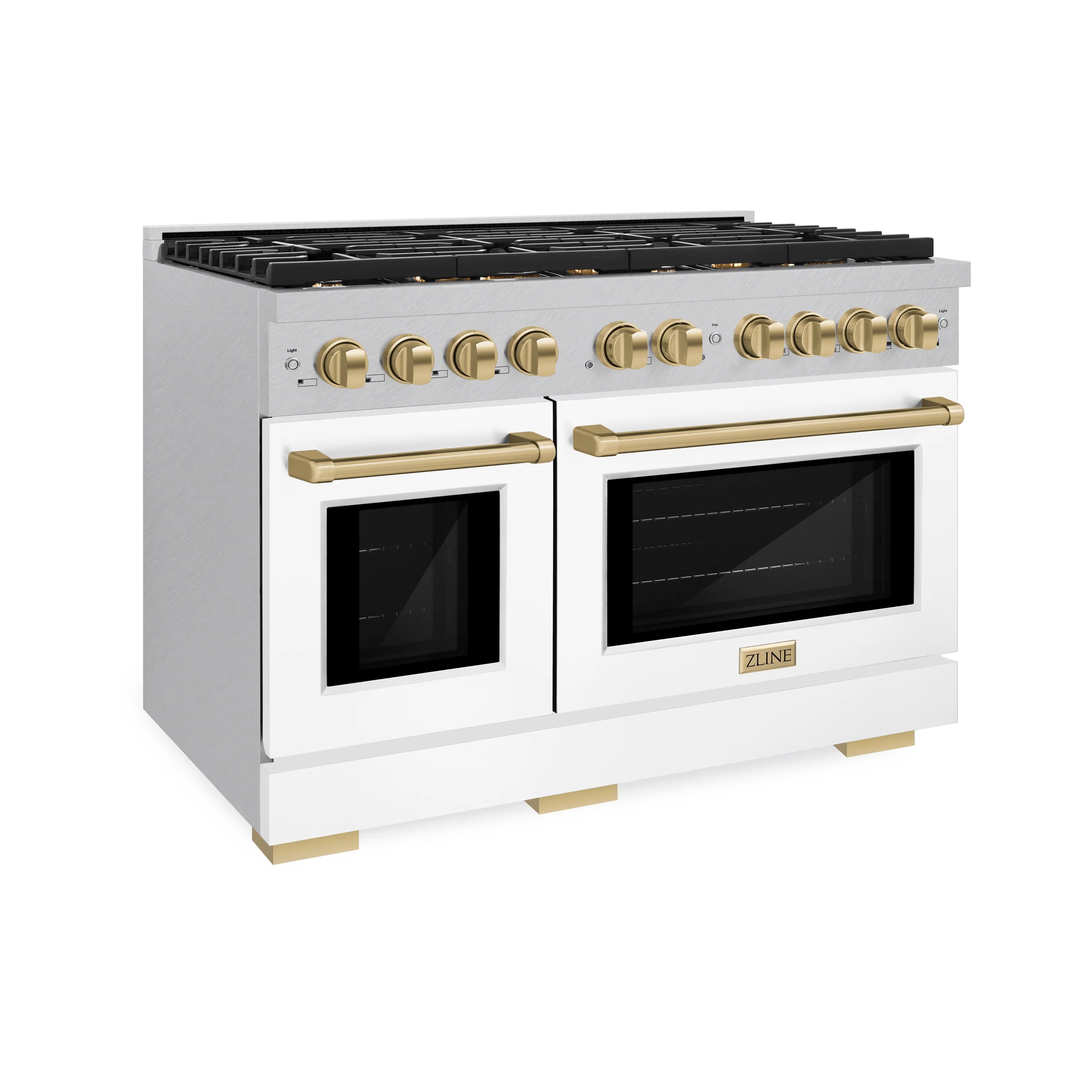 White gas range with double ovens, black cooktop grates, and champagne-bronze handles