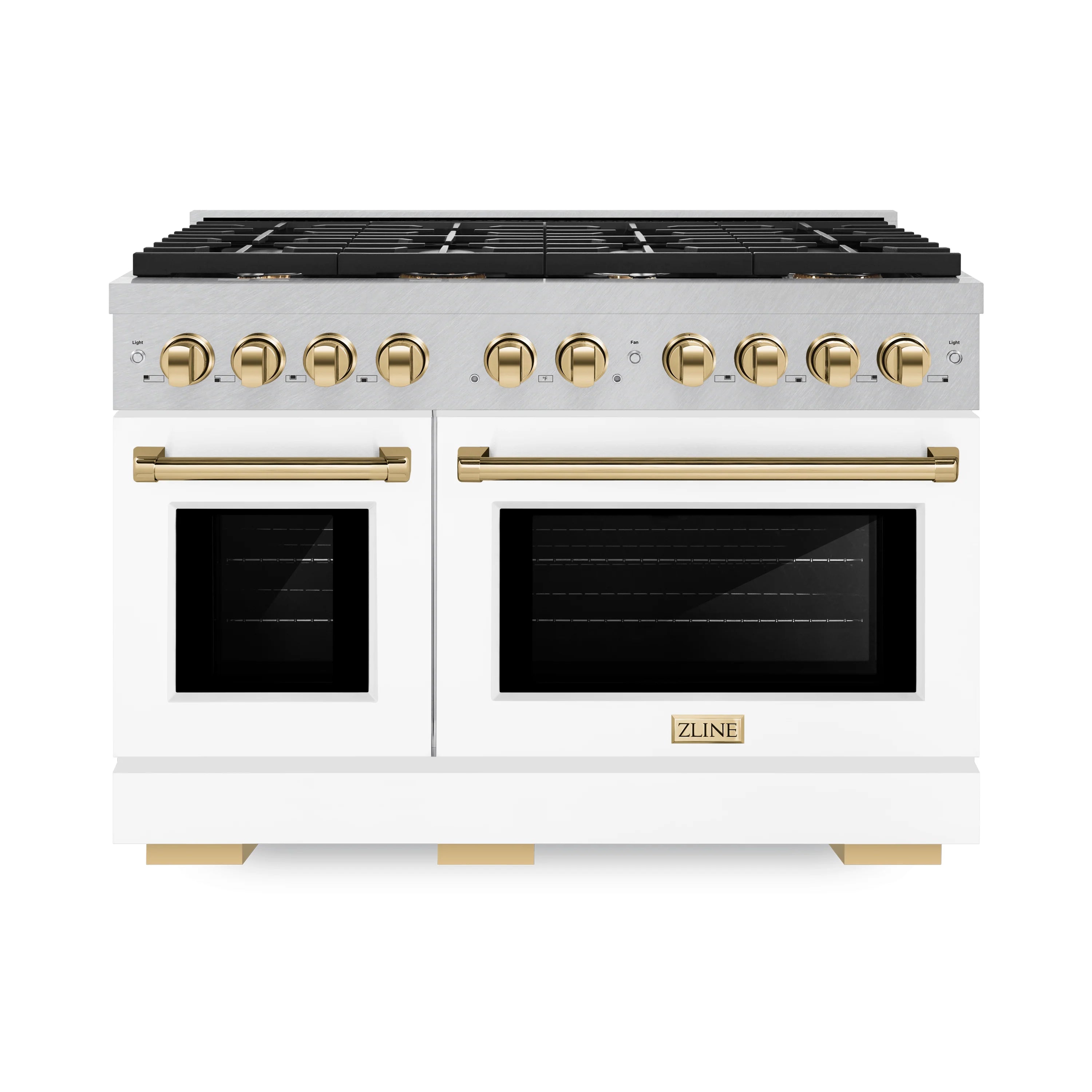 White gas range with two ovens, black cooktop grates, and gold handles