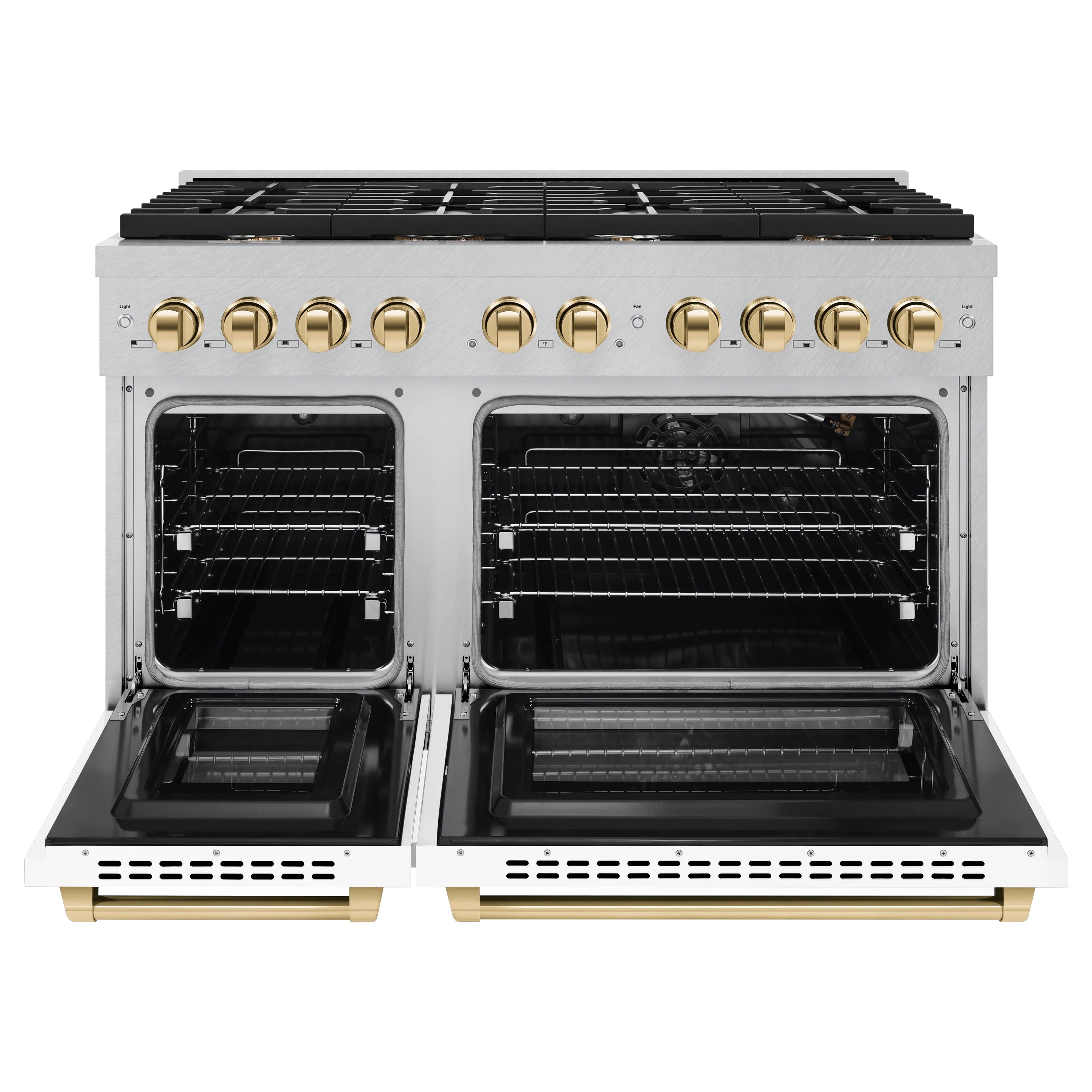 Gas range with both oven doors open, gold bar handles, and black interior racks