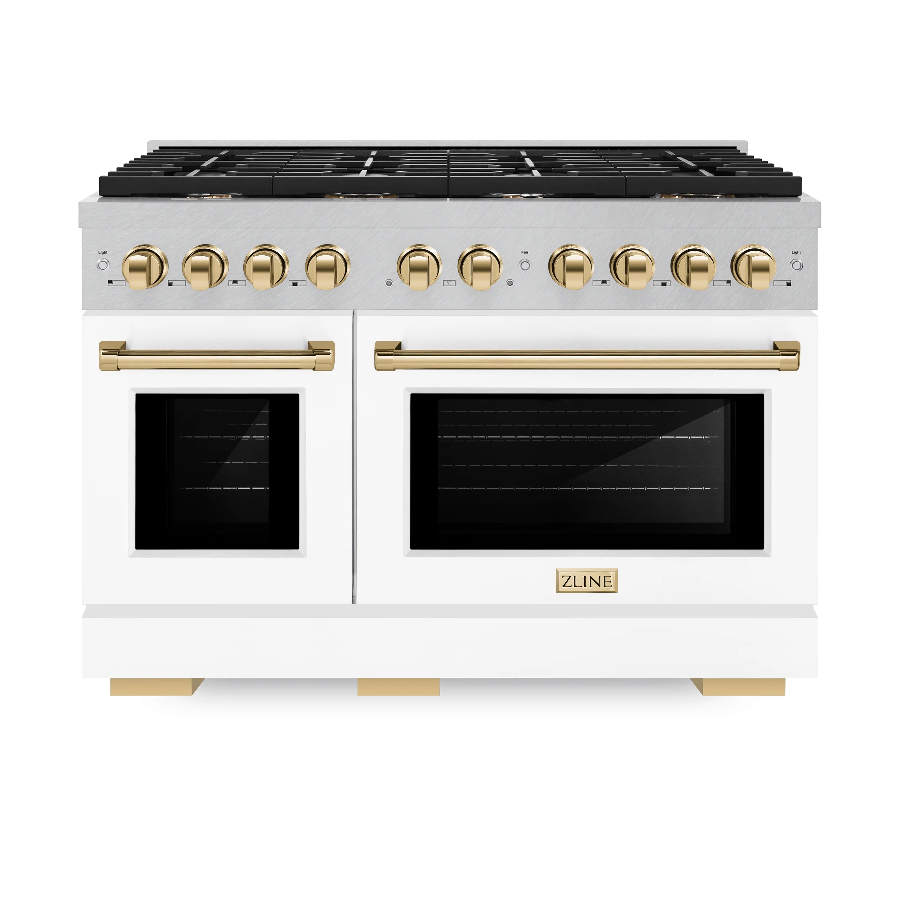 Satin stainless gas range with two ovens, gold bar handles, and black cooktop grates