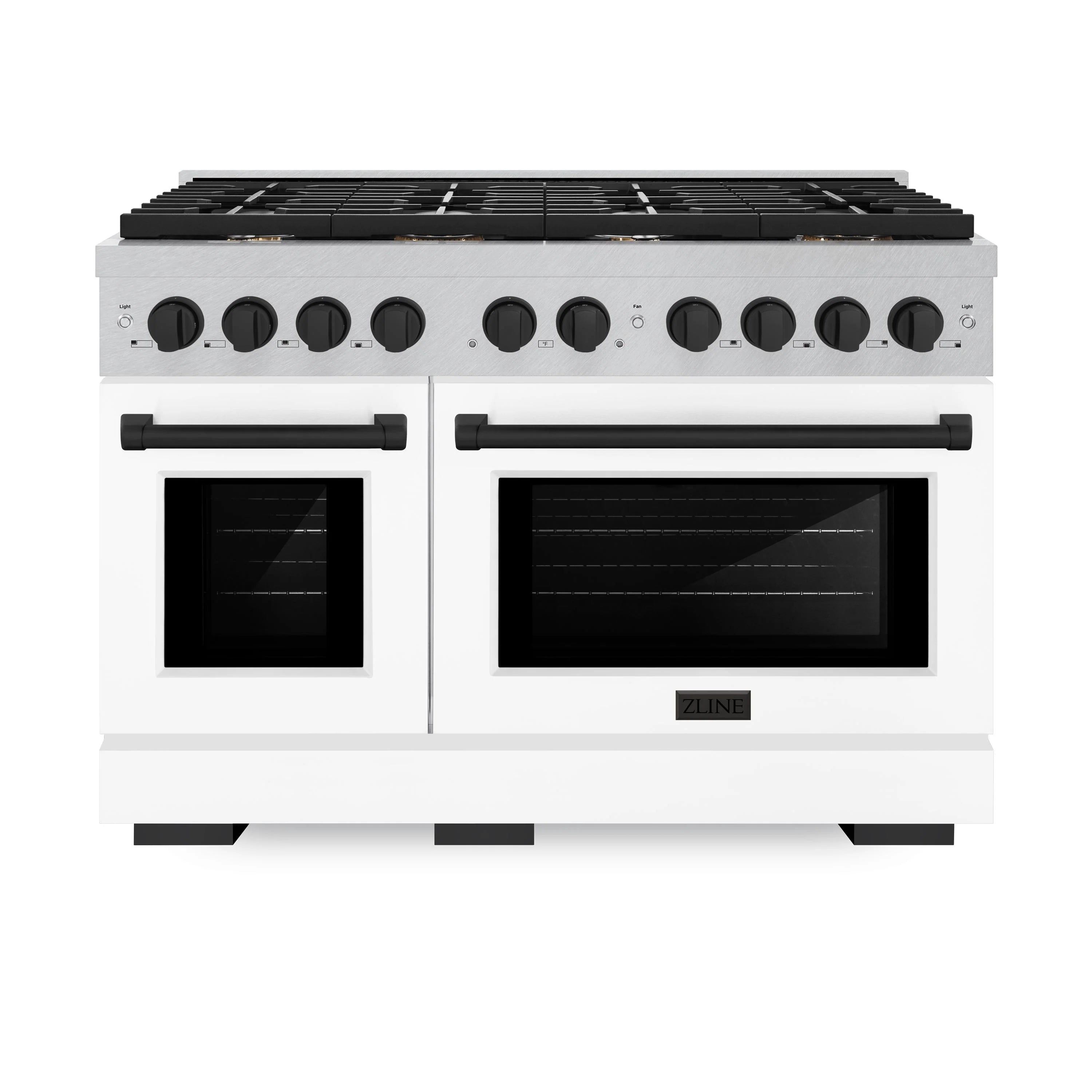 ZLINE gas range front view with black burner grates, round knobs, and two glass ovens