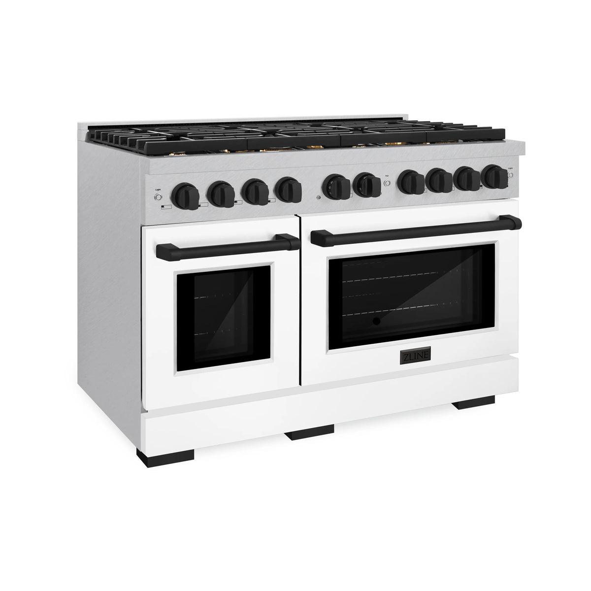 Stainless double-oven gas range with white doors and black cooktop grates
