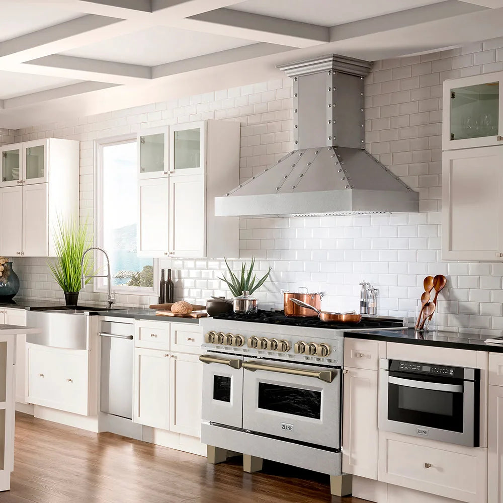 ZLINE Legacy Series Autograph Edition 48-inch Dual Fuel Range with Gas Stove and 6.0 Cu. Ft. Electric Oven in Fingerprint Resistant Satin Stainless Steel with Champagne Bronze Accents in a kitchen