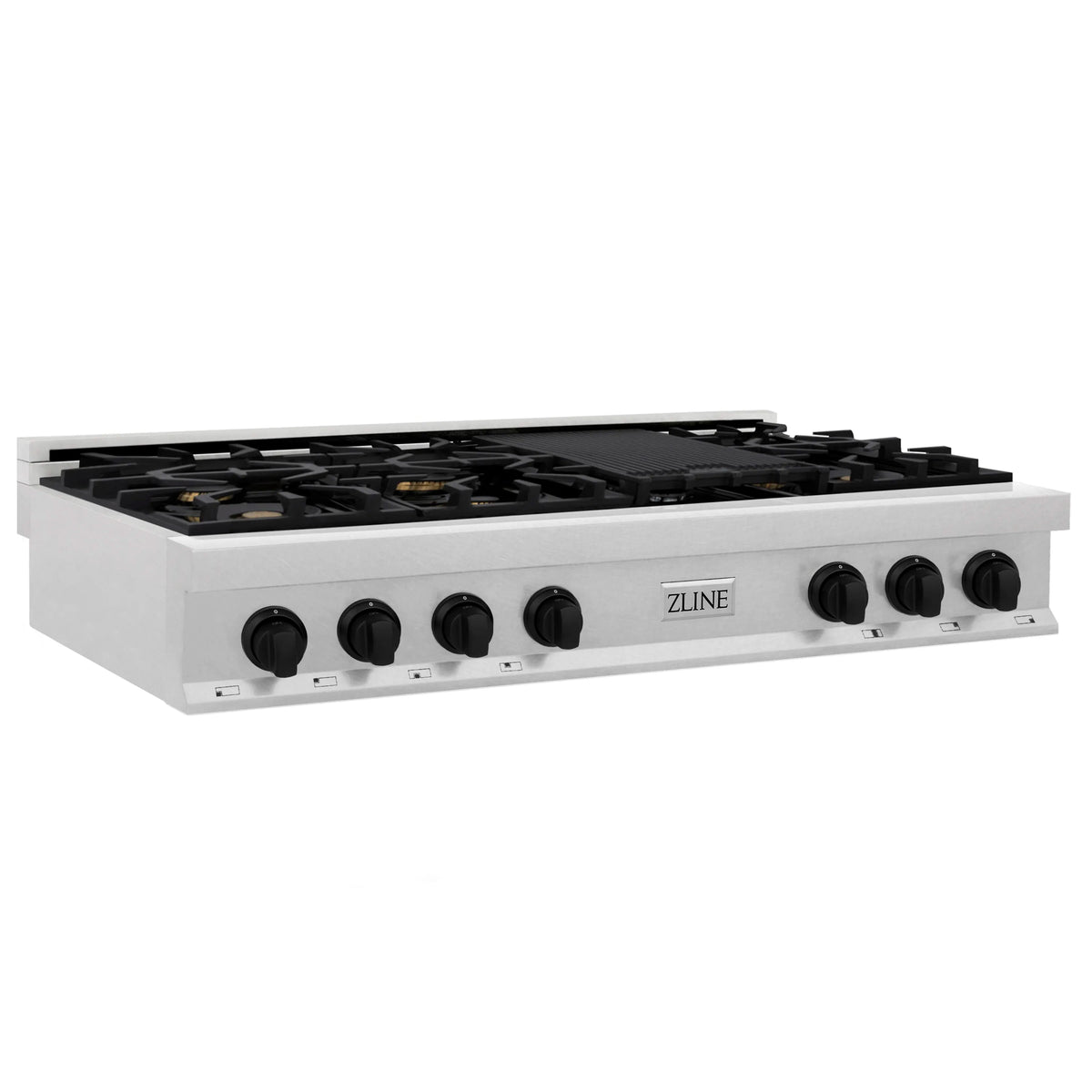 7-burner gas rangetop with black burner grates and satin stainless steel base