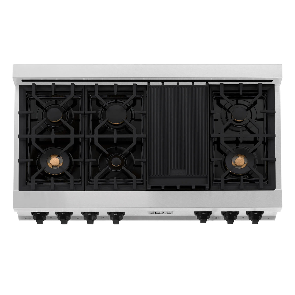 7-burner gas rangetop with black burner grates and center griddle