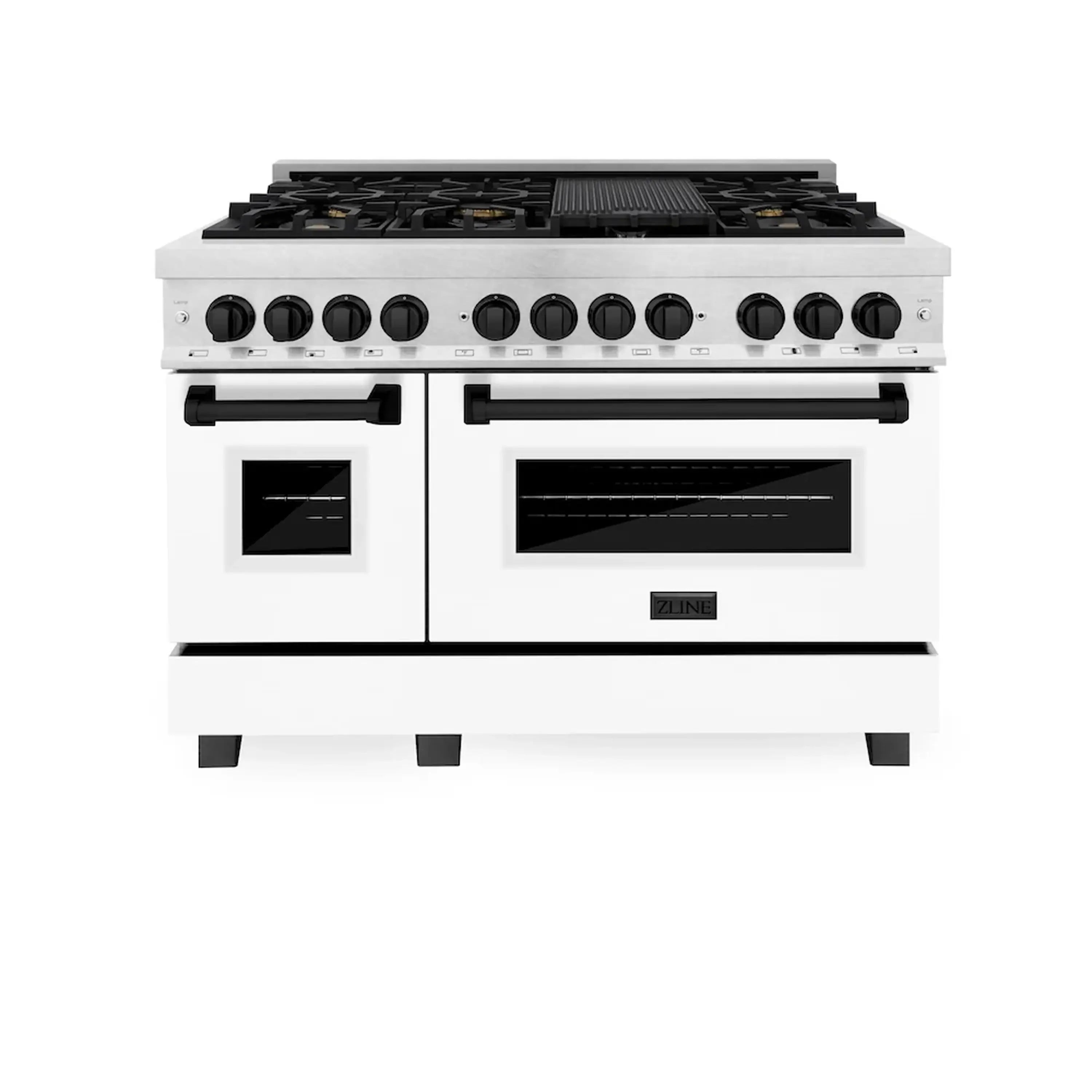 Dual fuel range front view with black burners and two oven doors