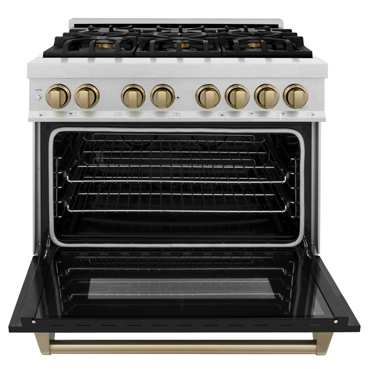Electric oven interior with wire racks and dark cooking cavity, door open