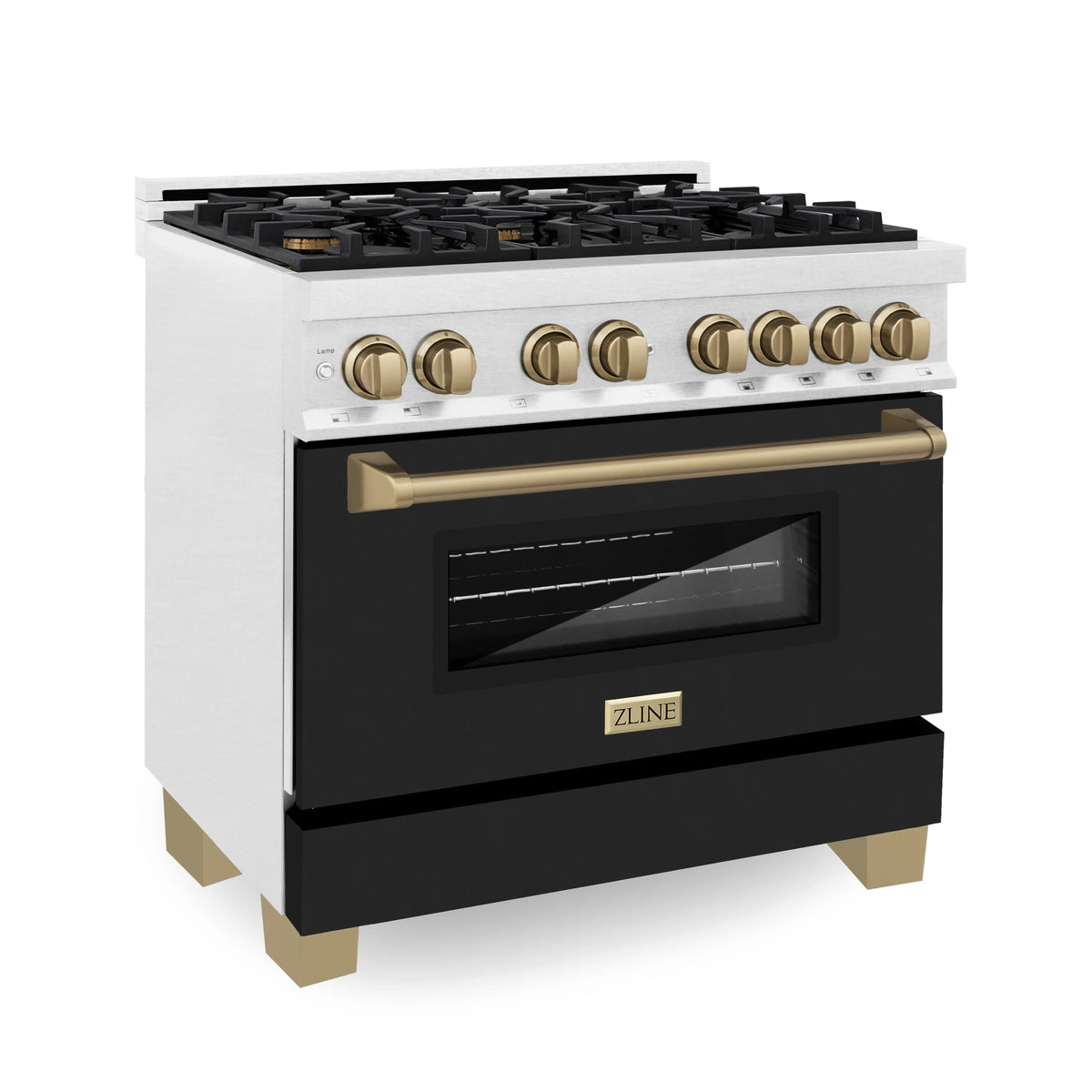 Stainless range front with black matte oven door, bronze handle accents, control knobs