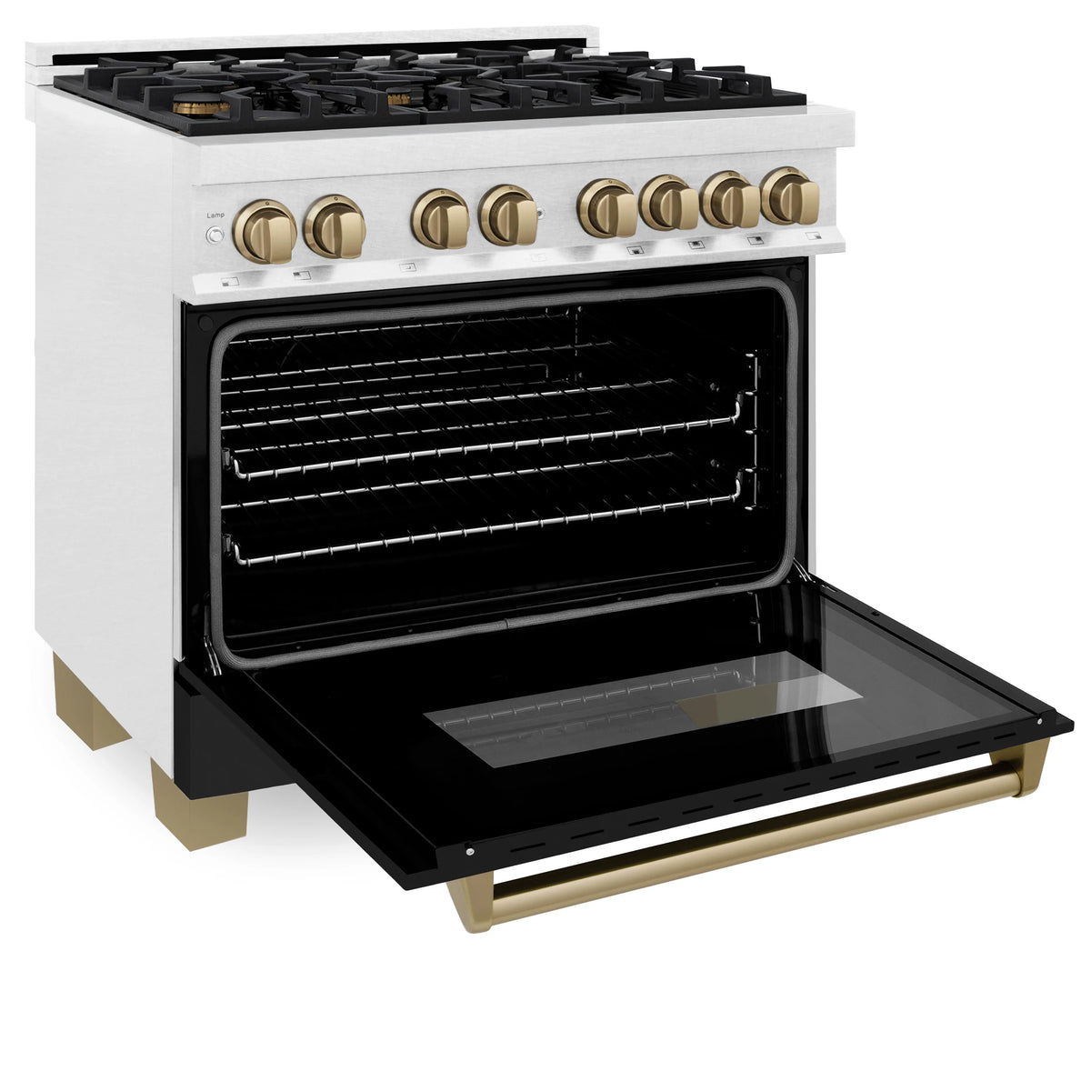 Dual fuel range with open black oven door and champagne bronze control knobs
