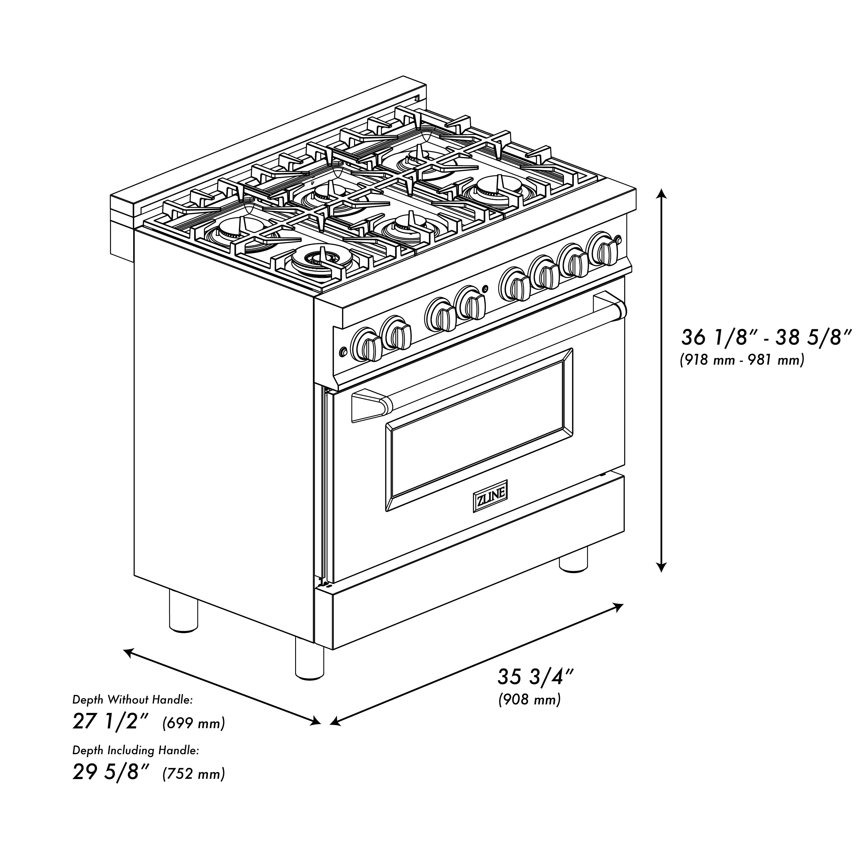 Dual fuel range dimensions diagram showing cooktop and oven layout