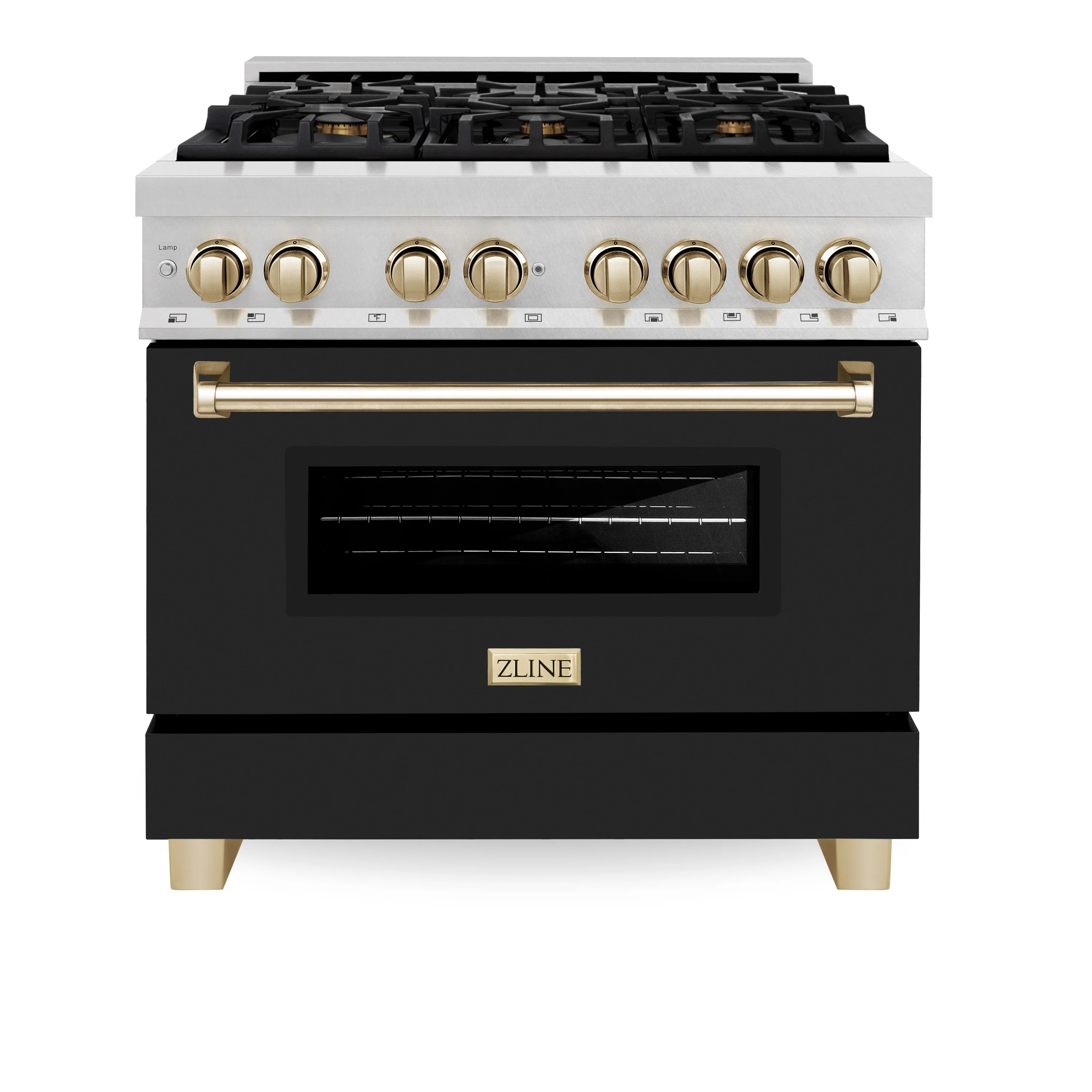 Dual fuel range with black door, gold knobs, and brass-colored oven handle