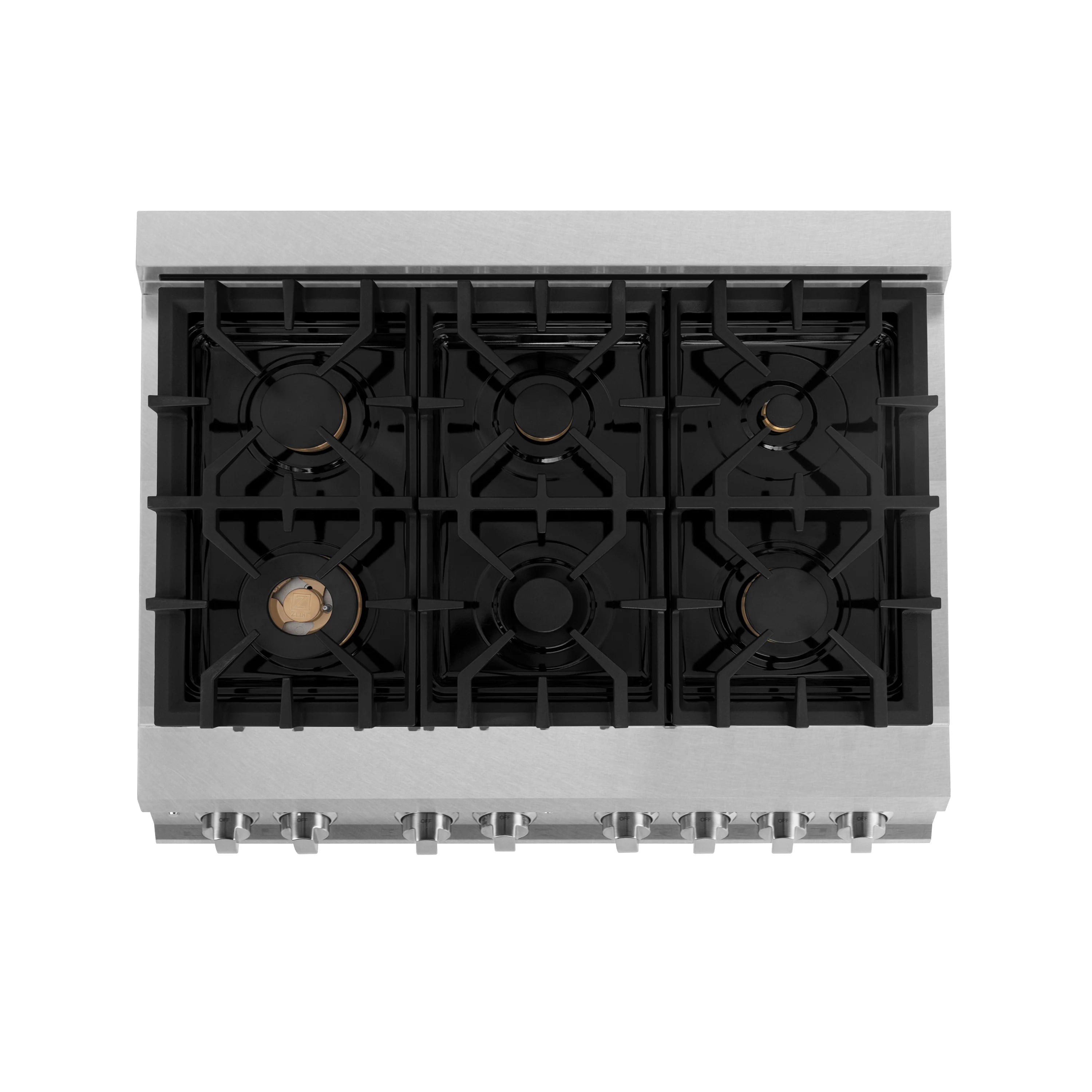Dual fuel range cooktop burner grates with black cast-iron-style layout