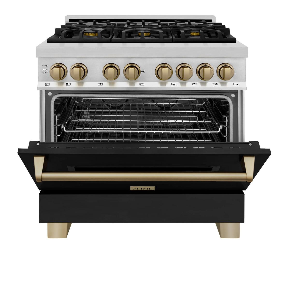 Dual fuel range with oven door open showing wire rack inside