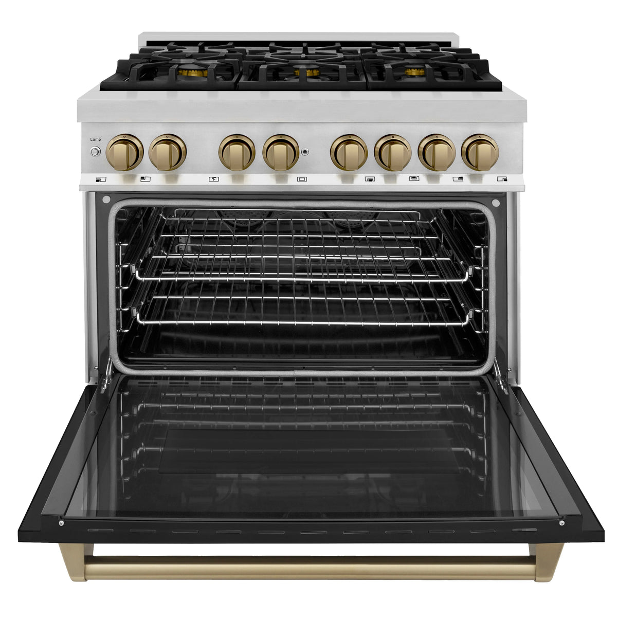 Dual fuel range with open oven door revealing empty oven cavity and racks