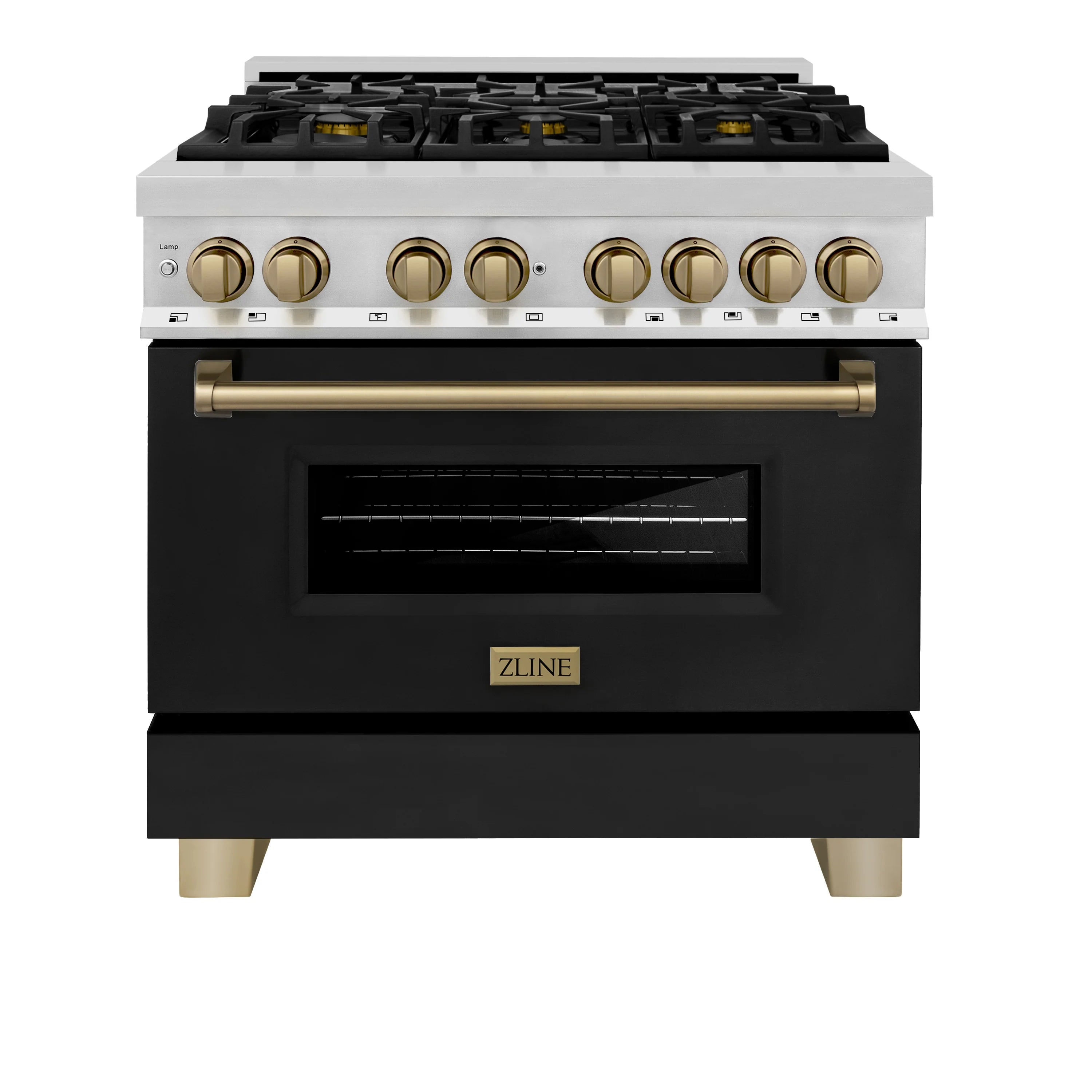 Dual fuel range with stainless cooktop, black oven door, and champagne bronze accents