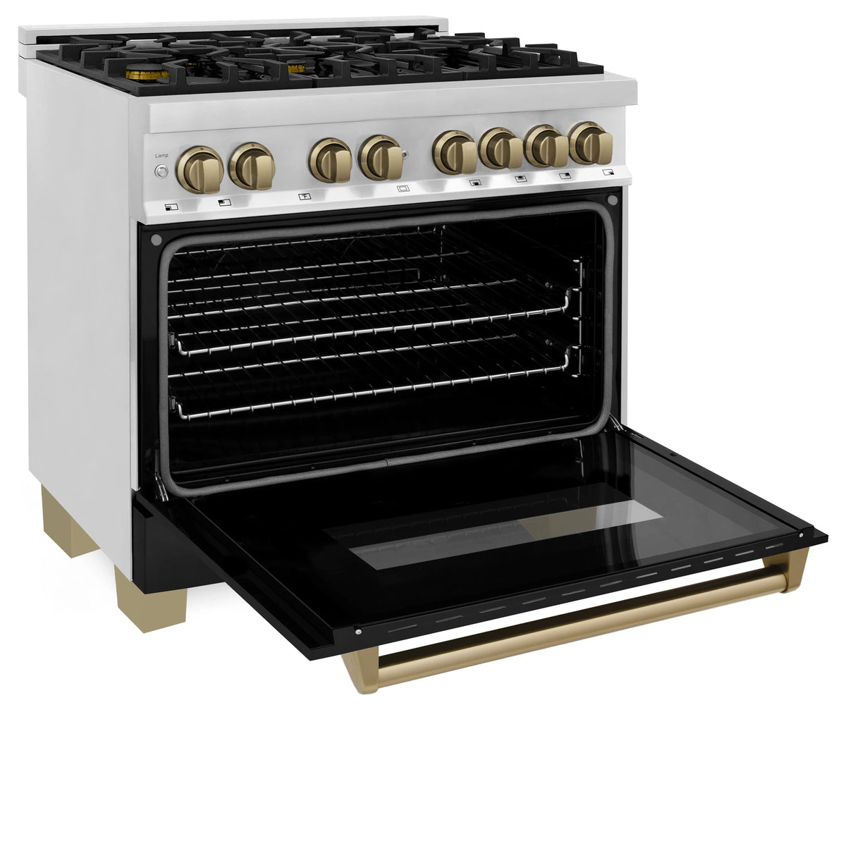 Dual fuel range with oven door open and interior racks visible