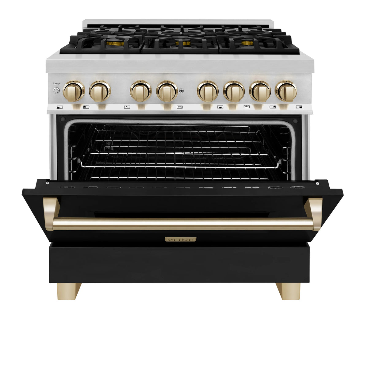 Dual-fuel range with open oven door, visible wire rack, stainless body and gold accents