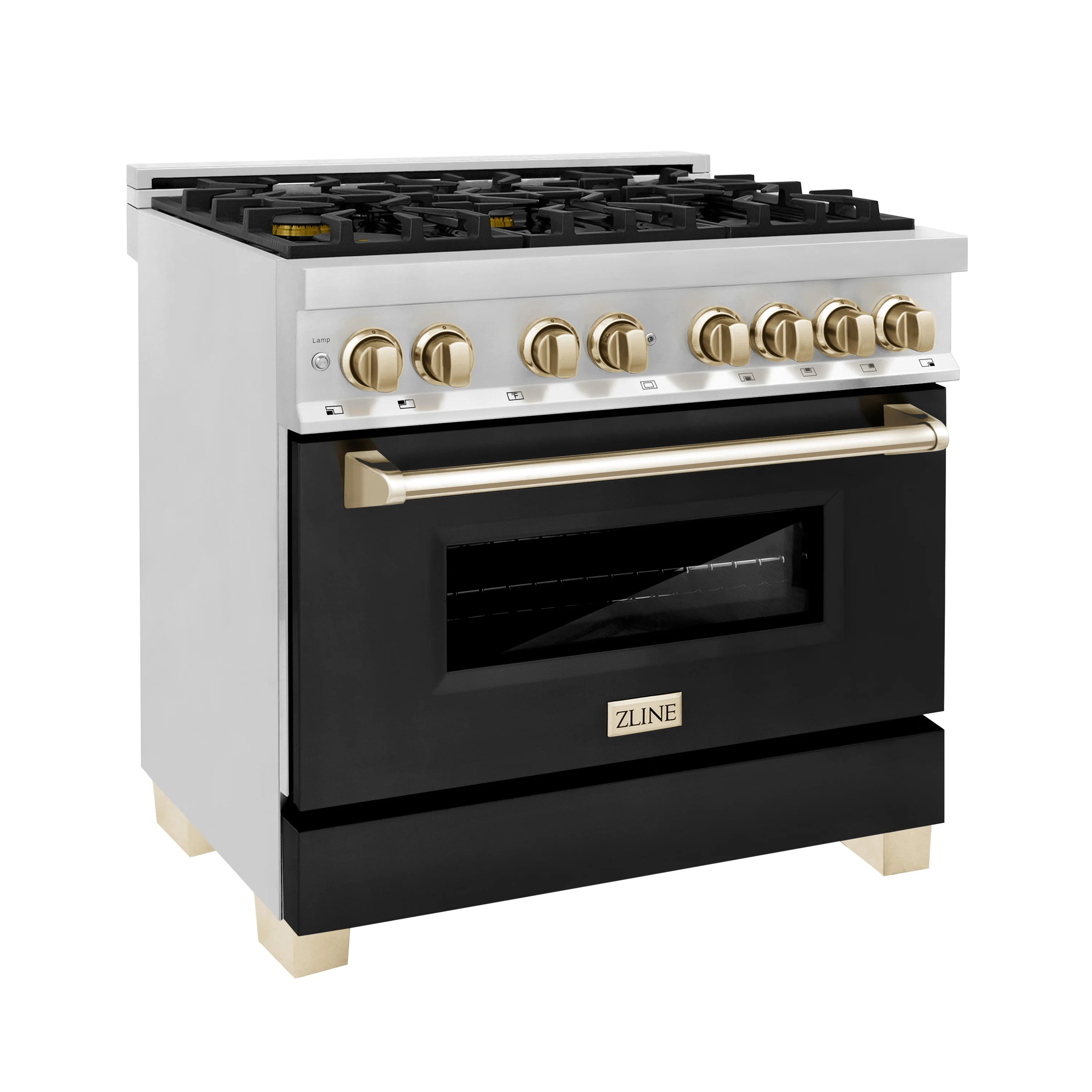 ZLINE dual fuel range, stainless front, polished gold knobs, black oven door