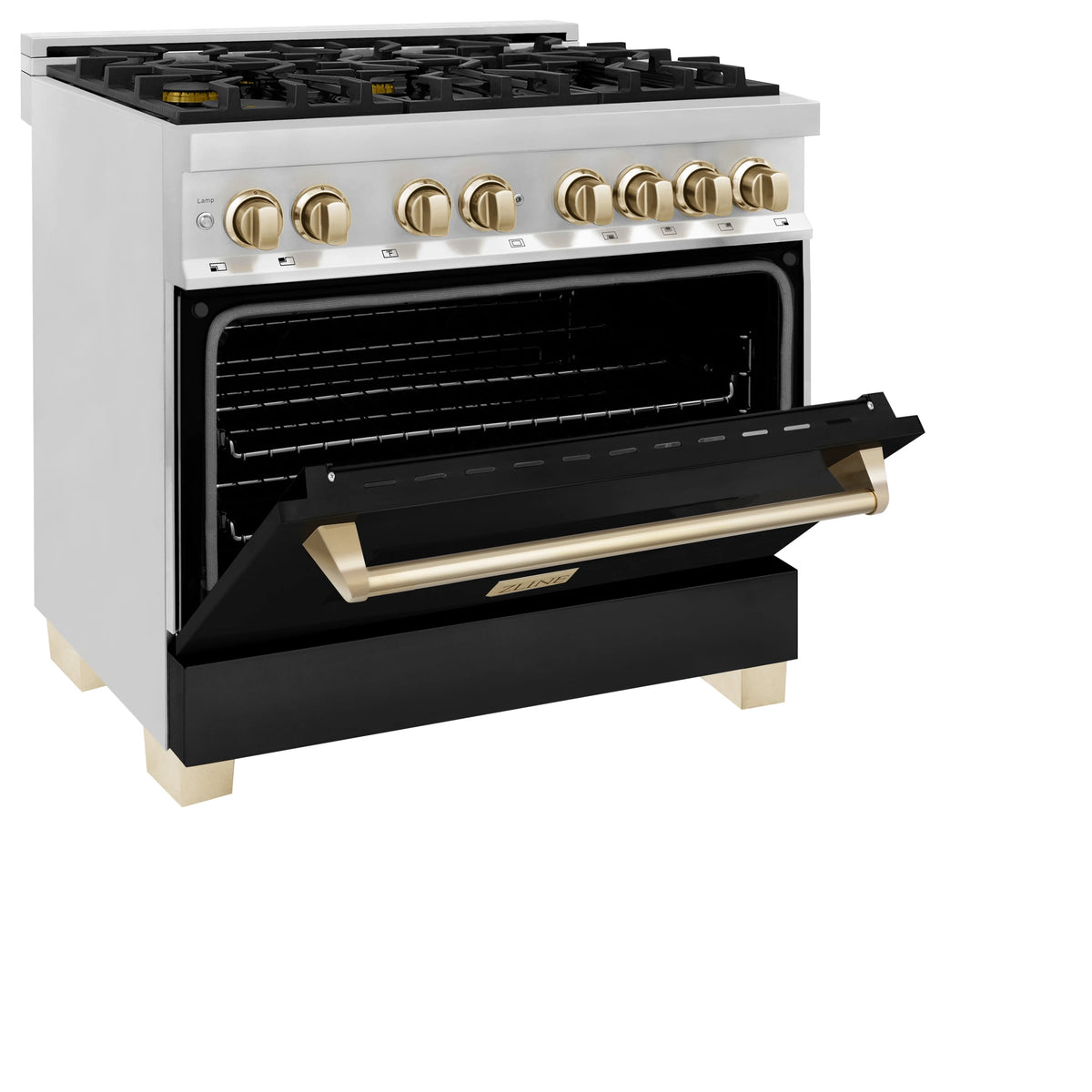 ZLINE dual fuel range with oven door open, stainless body and polished gold knobs