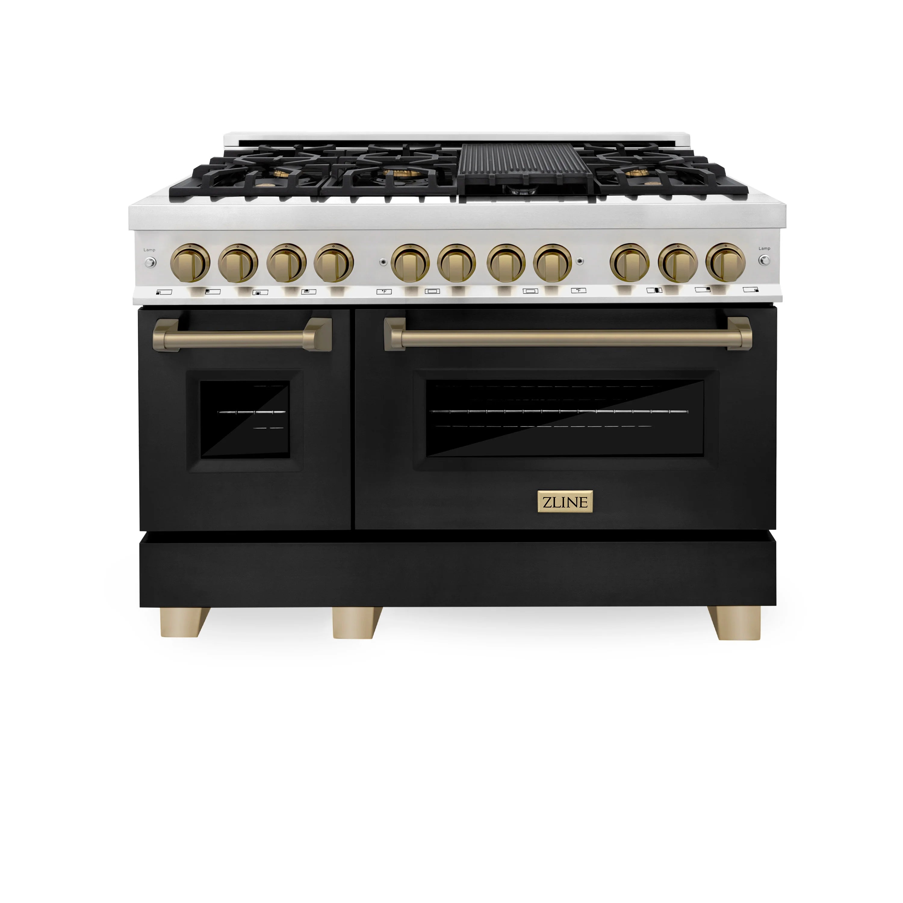 Stainless range with black matte oven doors and champagne bronze knob controls
