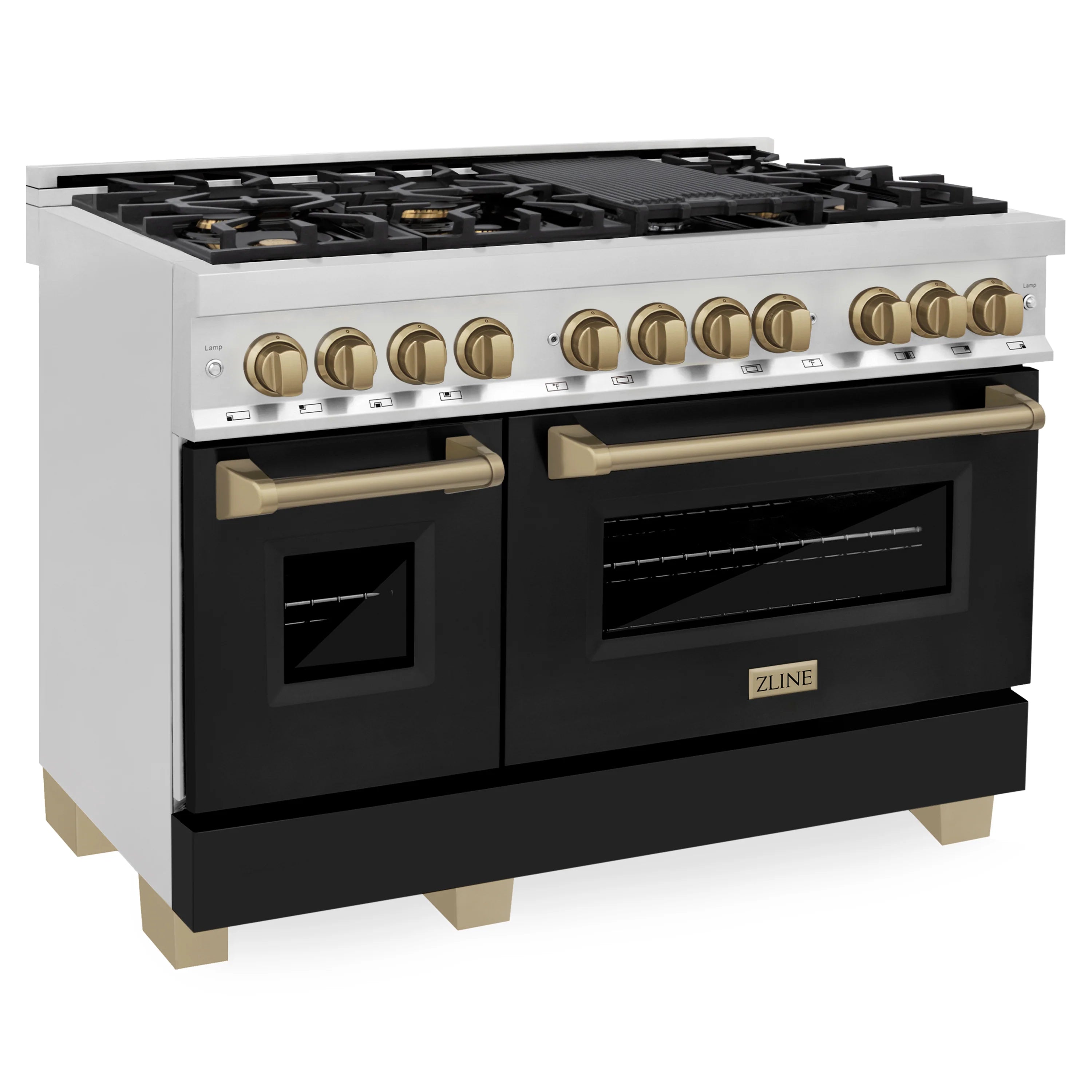 Stainless dual fuel range front with black doors and champagne bronze control knobs