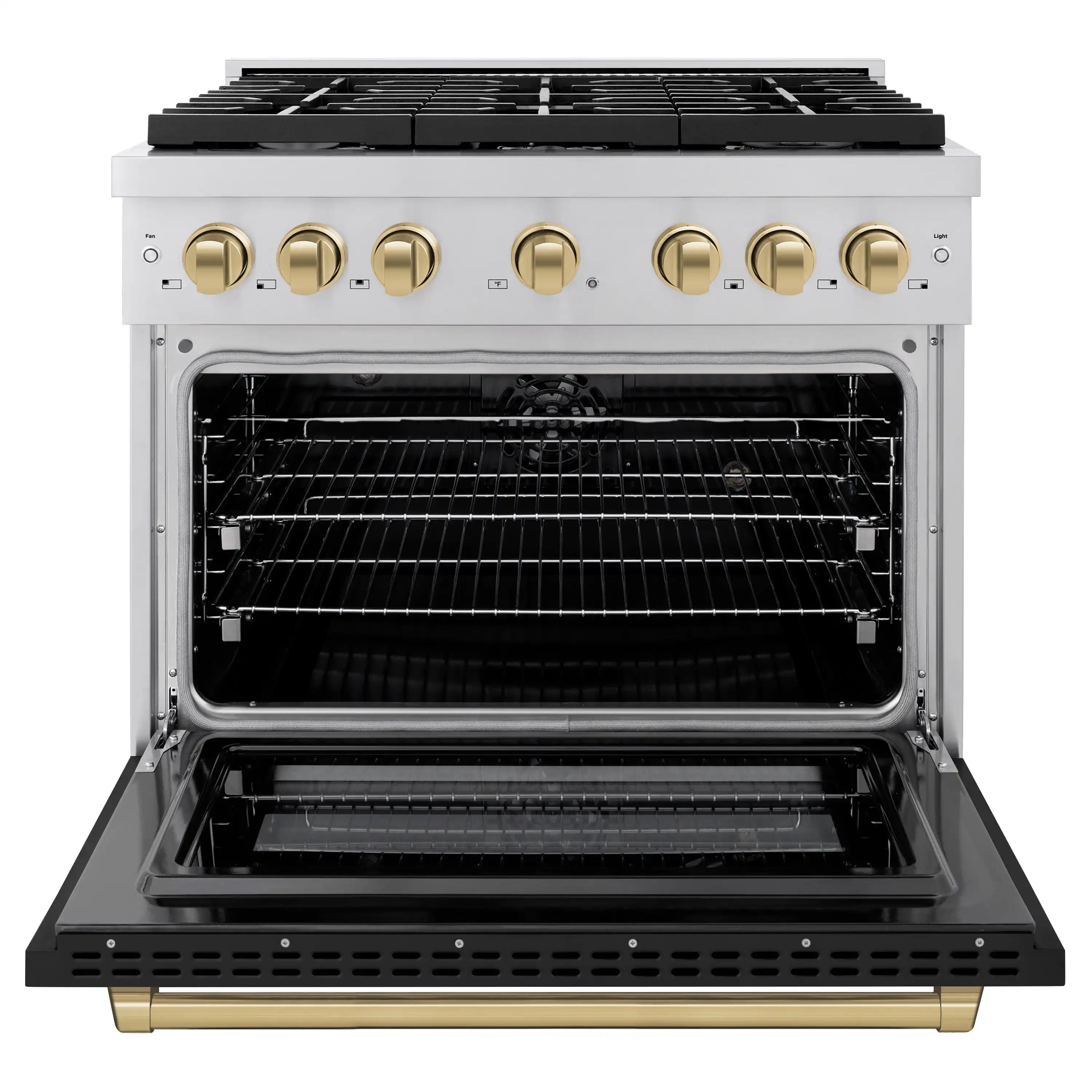 Dual fuel range with oven door open, showing interior racks and heating cavity