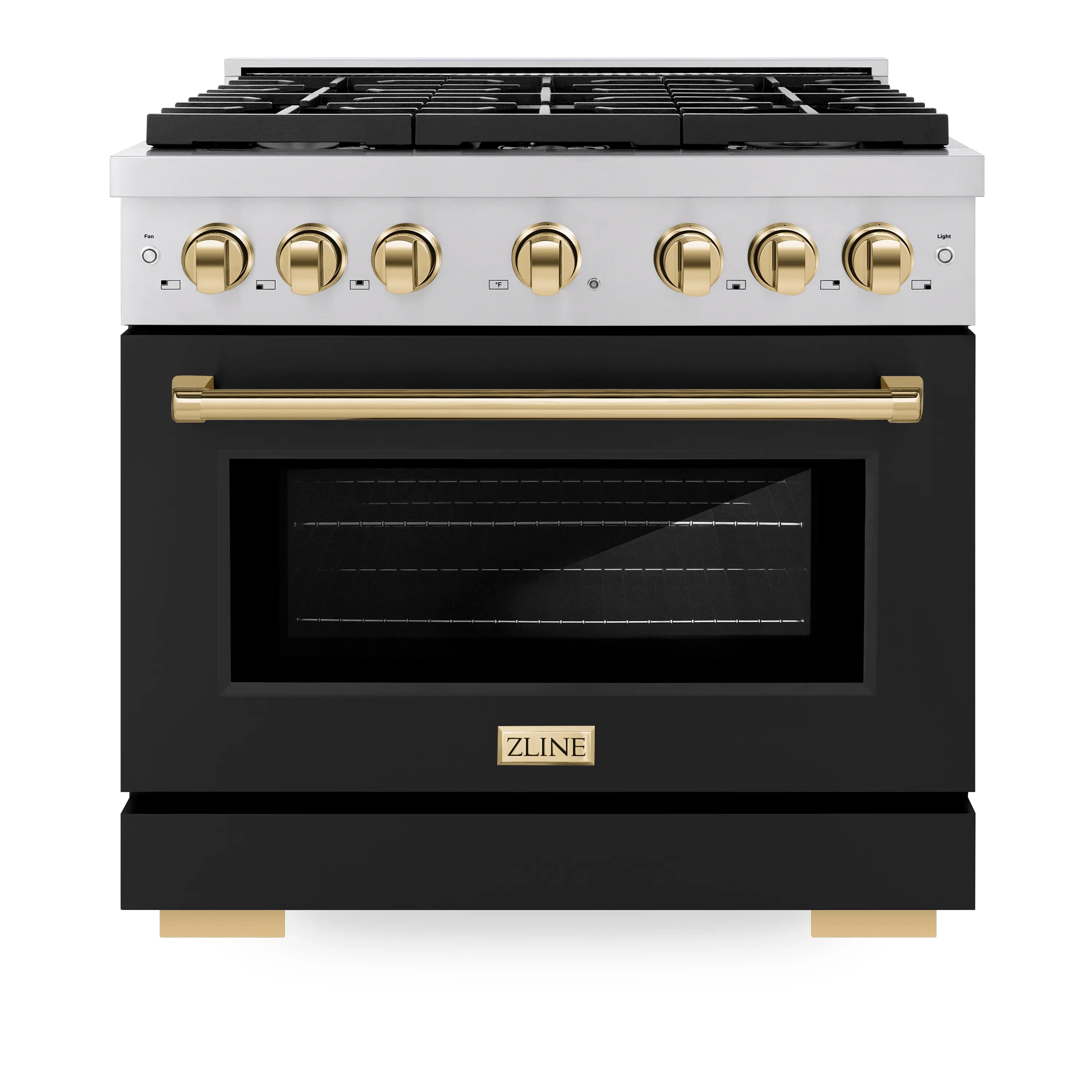 Stainless dual fuel range with gold control knobs and black matte oven door