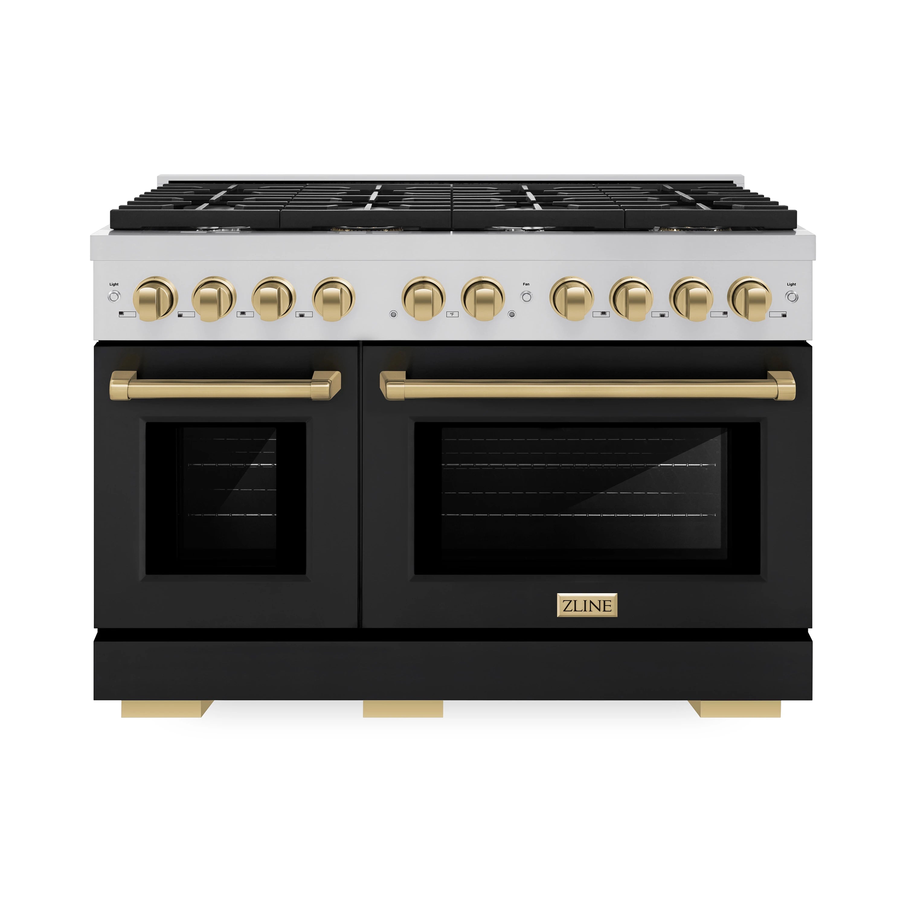 Stainless double oven gas range with black matte doors and champagne bronze control knobs