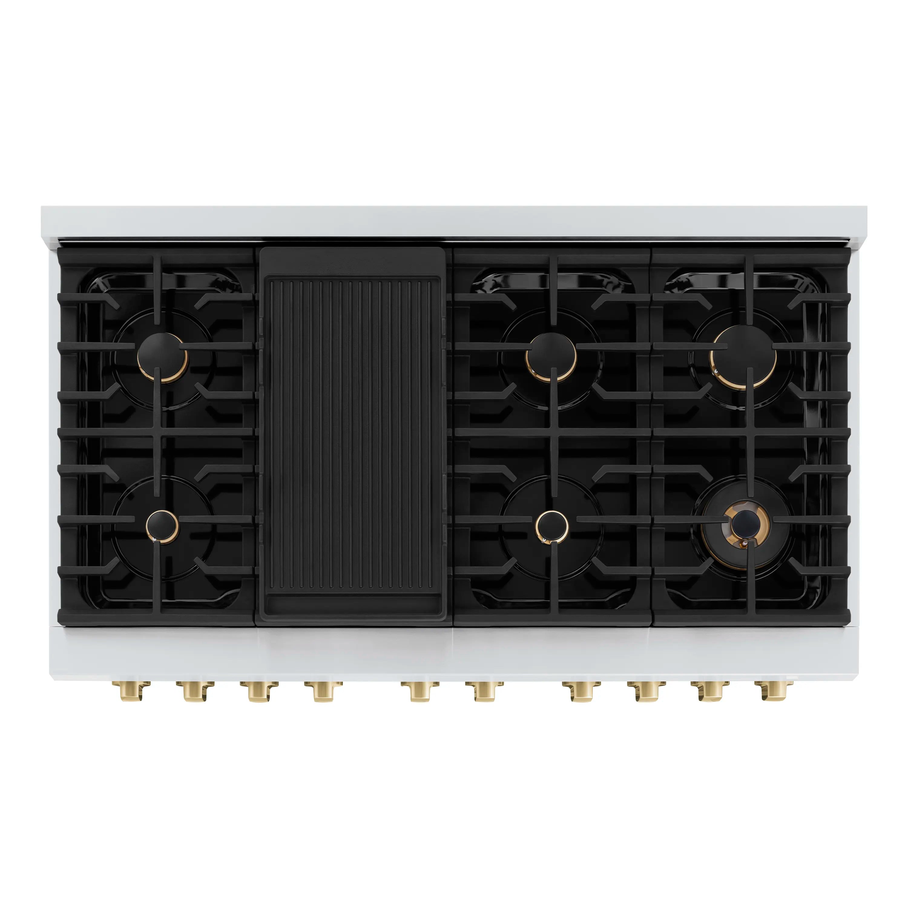 Cooktop burner assembly with black grates and champagne bronze burner fittings