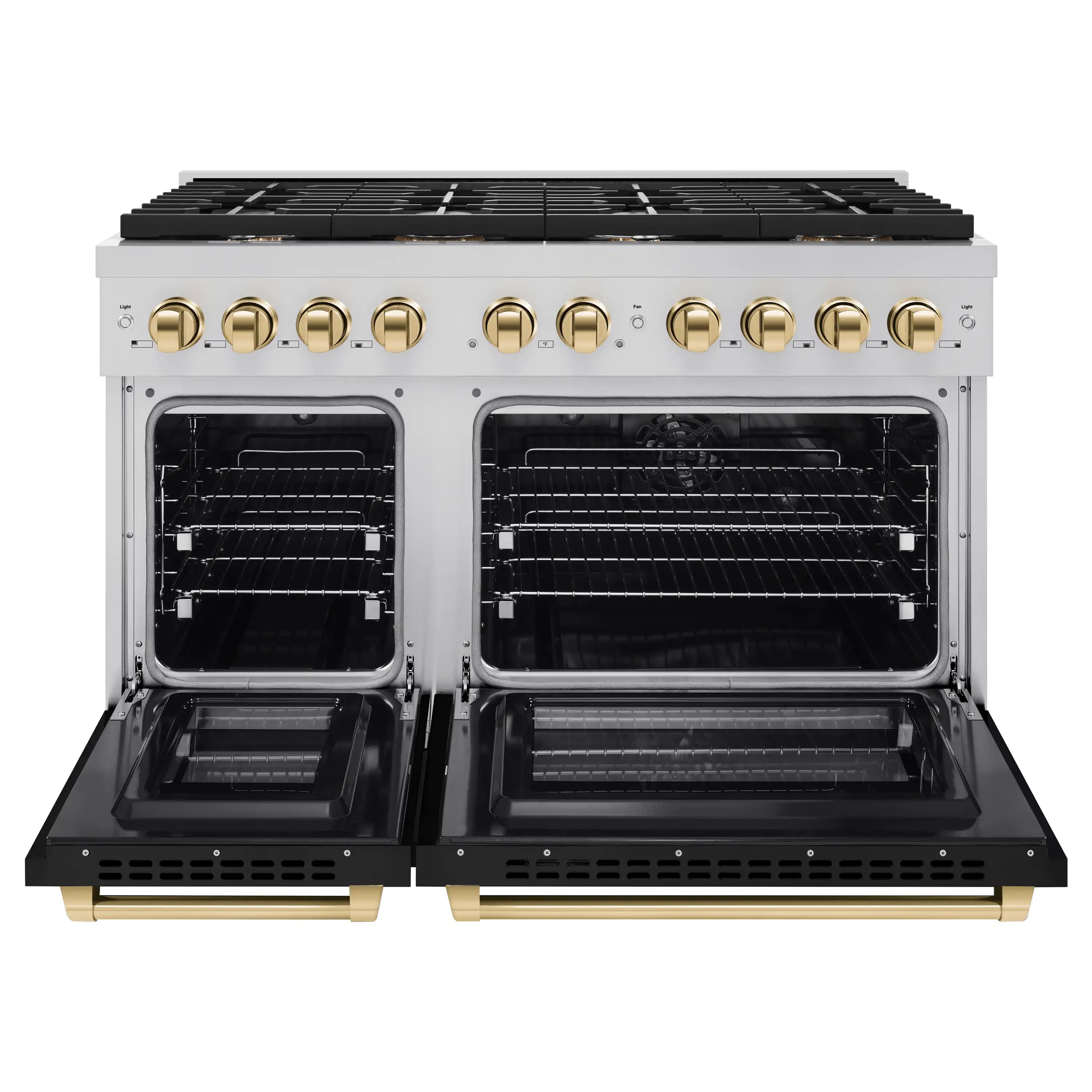 Open double oven doors with wire racks and gold tone handle accents on stainless range