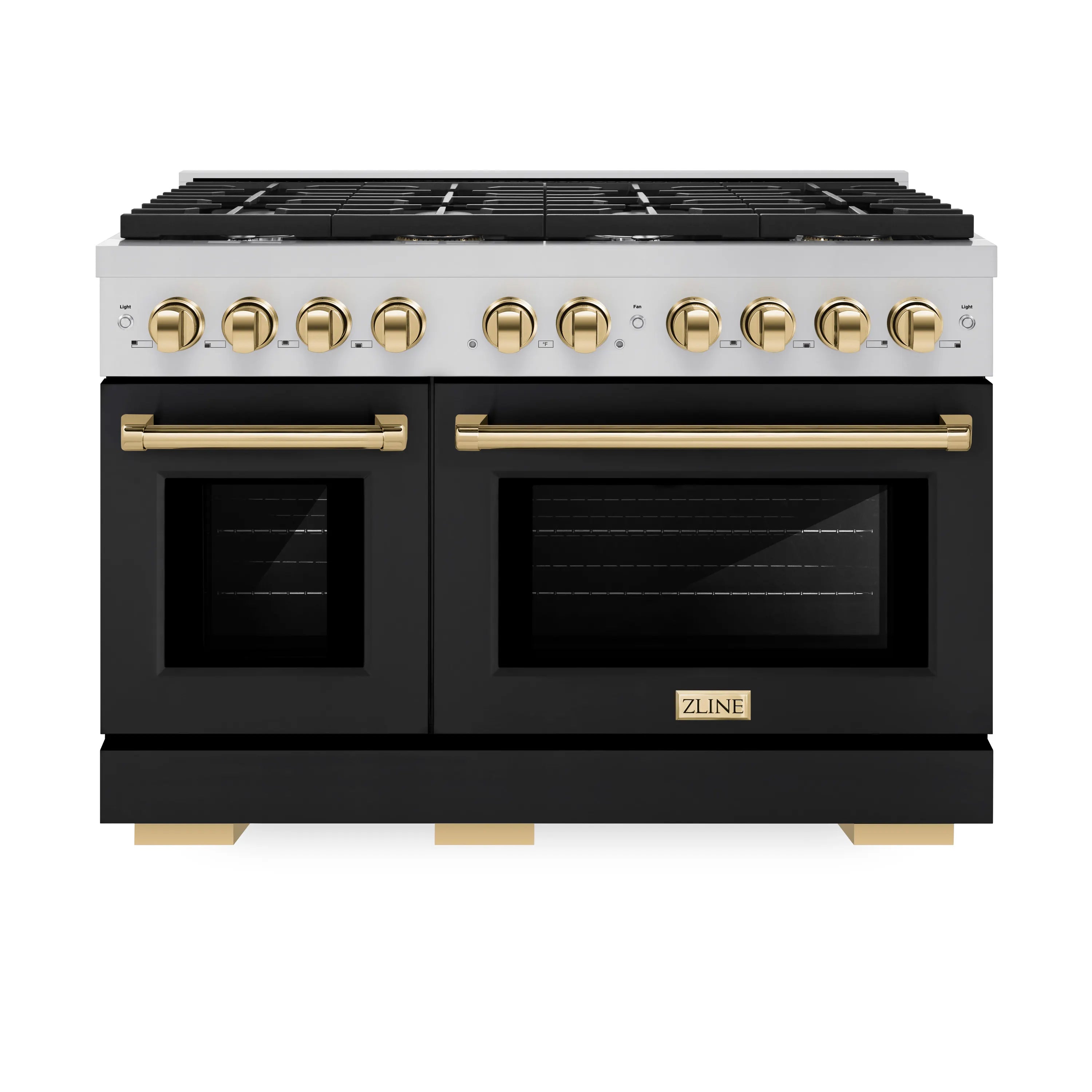 Stainless steel dual oven range with black matte doors and gold tone control knobs