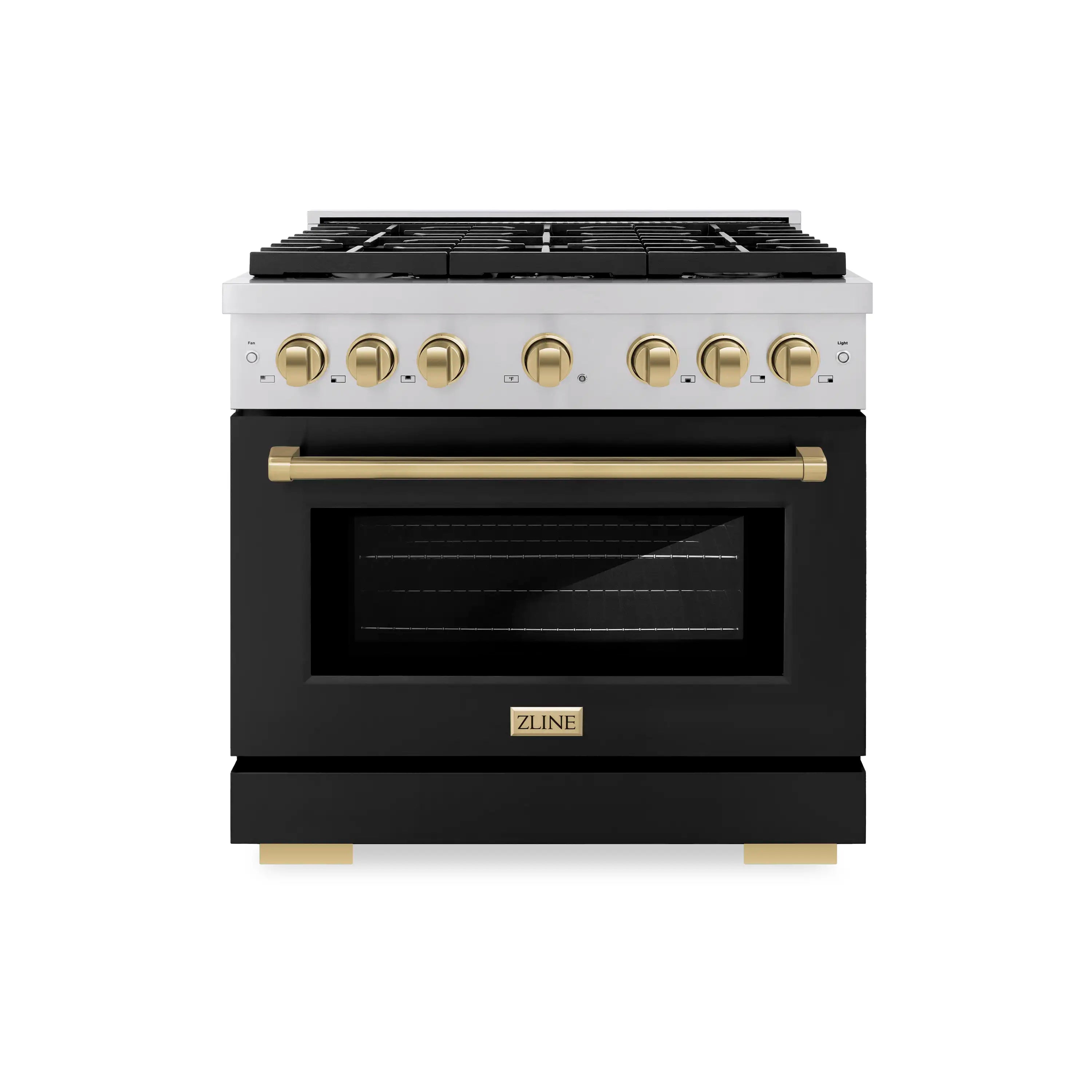 Black oven door gas range with gold-toned knobs and stainless control panel