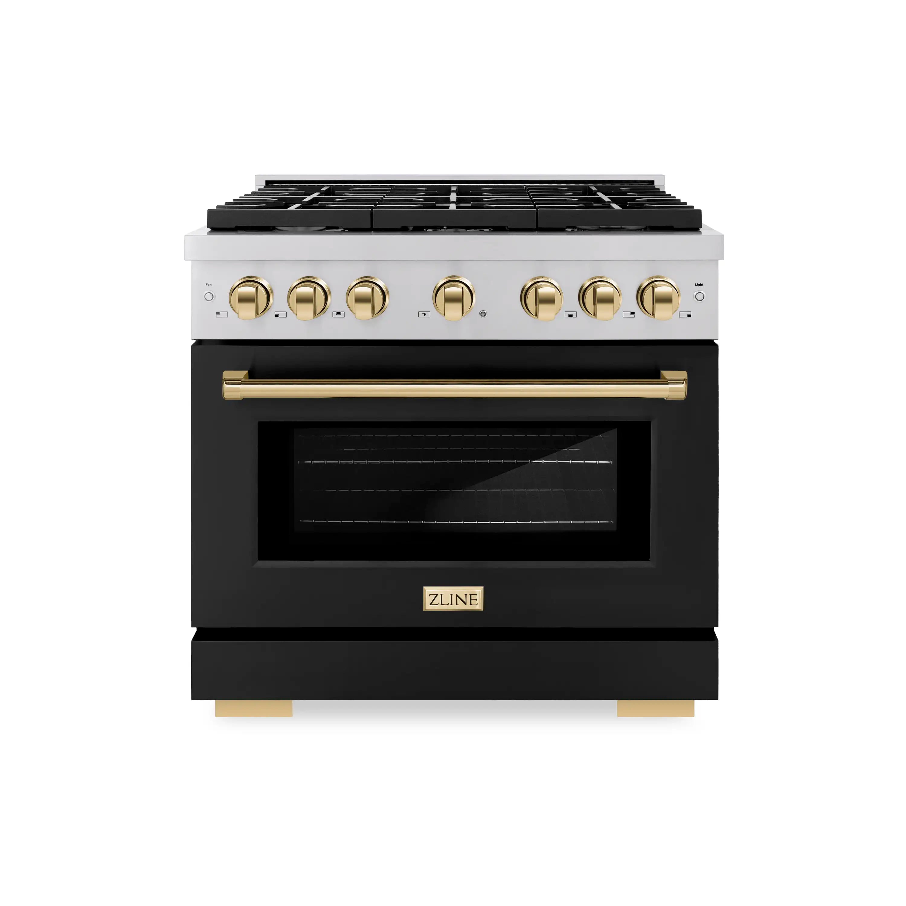 Front view gas range with black oven door, gold knobs, and black cooktop grates