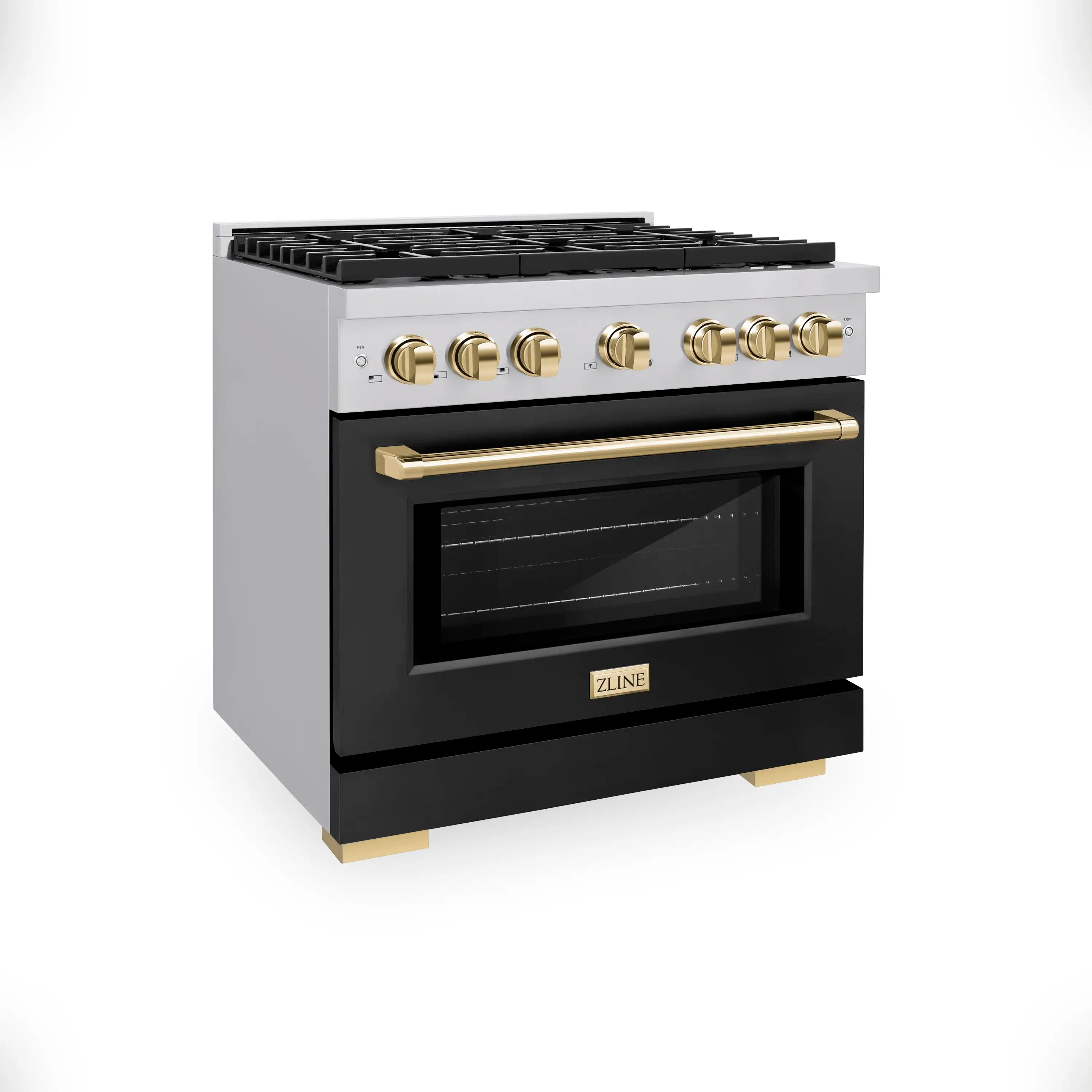 Stainless steel gas range with black oven door, gold knobs, and black cooktop grates